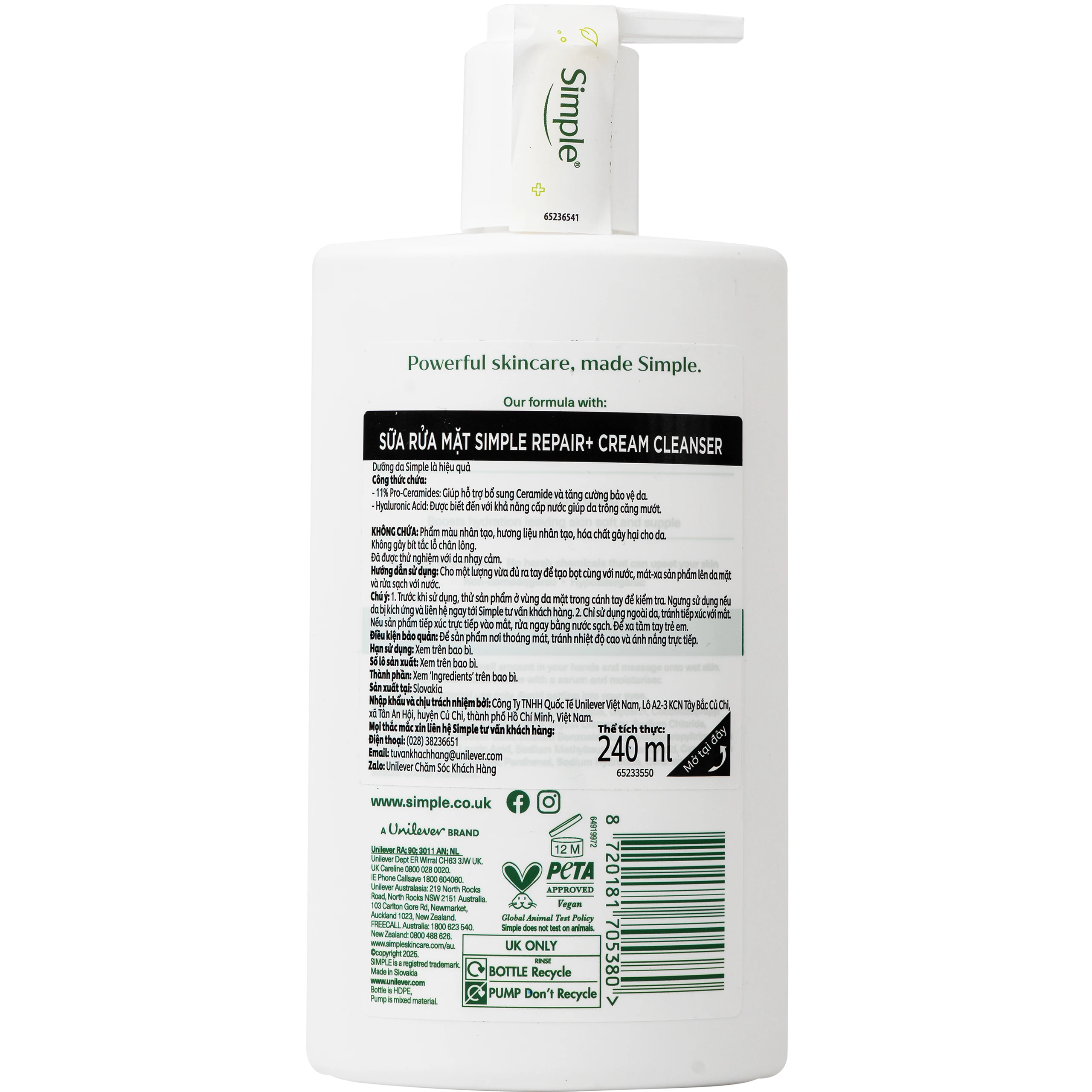 Sữa rửa mặt Simple phục hồi dịu da Repair (240ml) 2