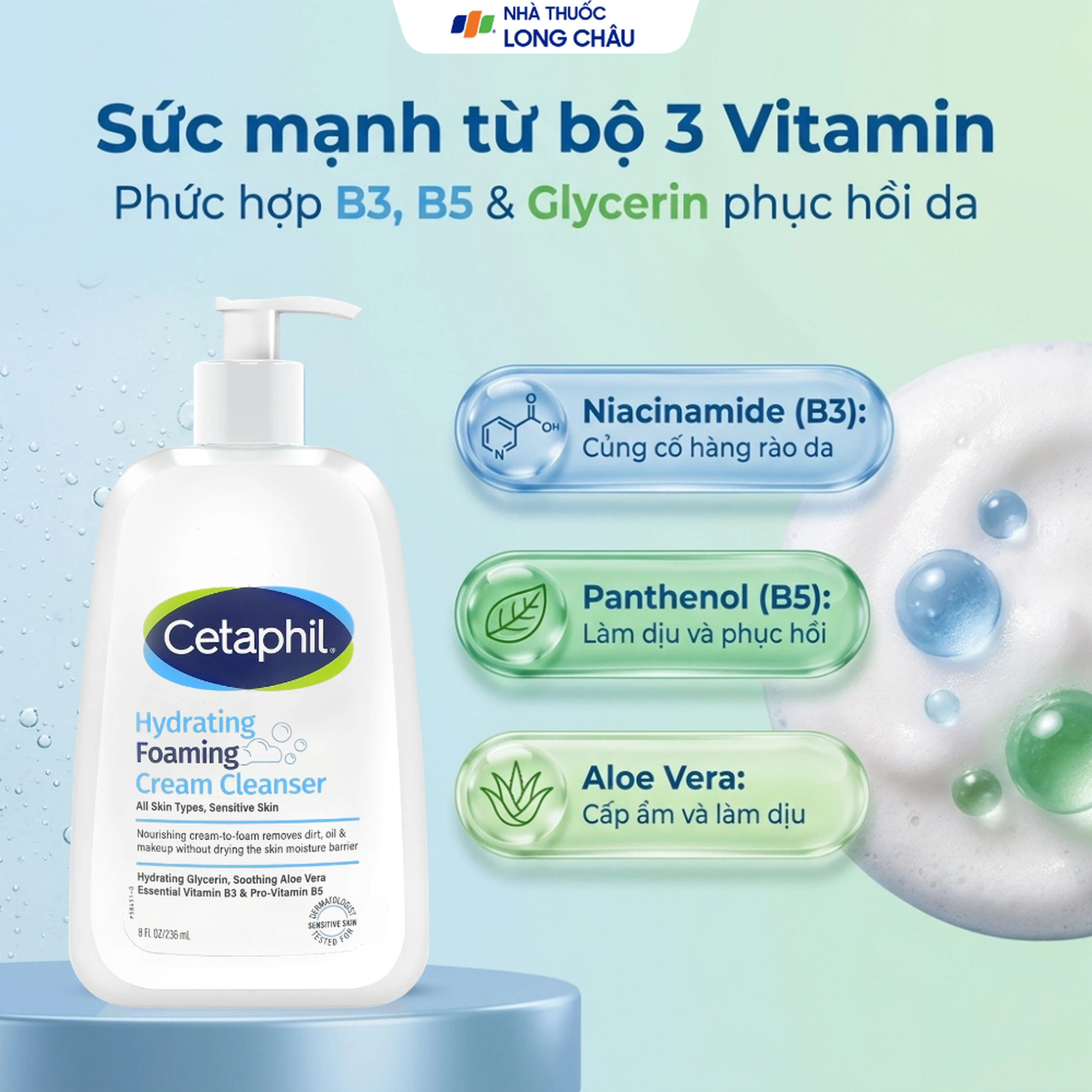 Sữa rửa mặt Cetaphil Hydrating Foaming Cream Cleanser dưỡng ẩm, làm sạch nhẹ nhàng cho da mặt (236ml) 3
