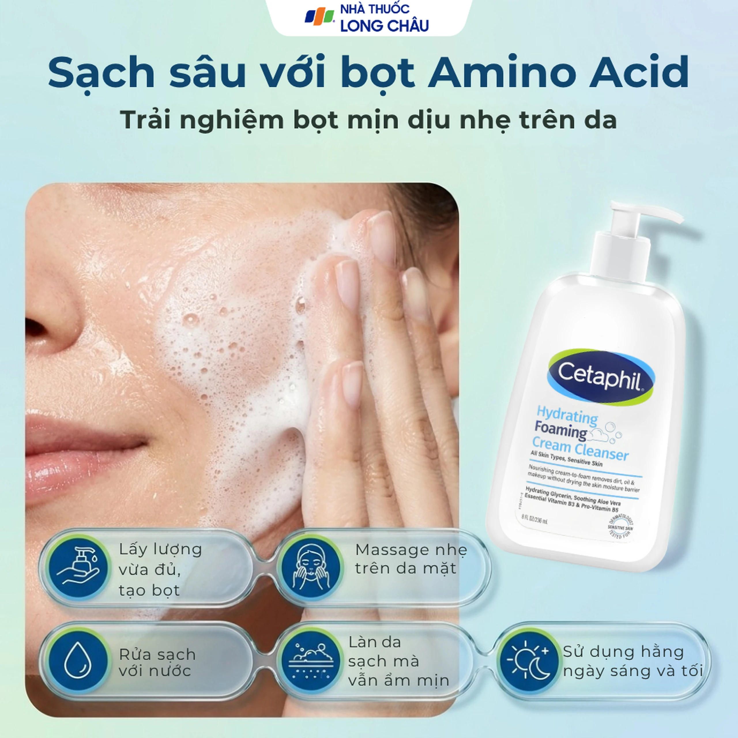 Sữa rửa mặt Cetaphil Hydrating Foaming Cream Cleanser dưỡng ẩm, làm sạch nhẹ nhàng cho da mặt (236ml) 6