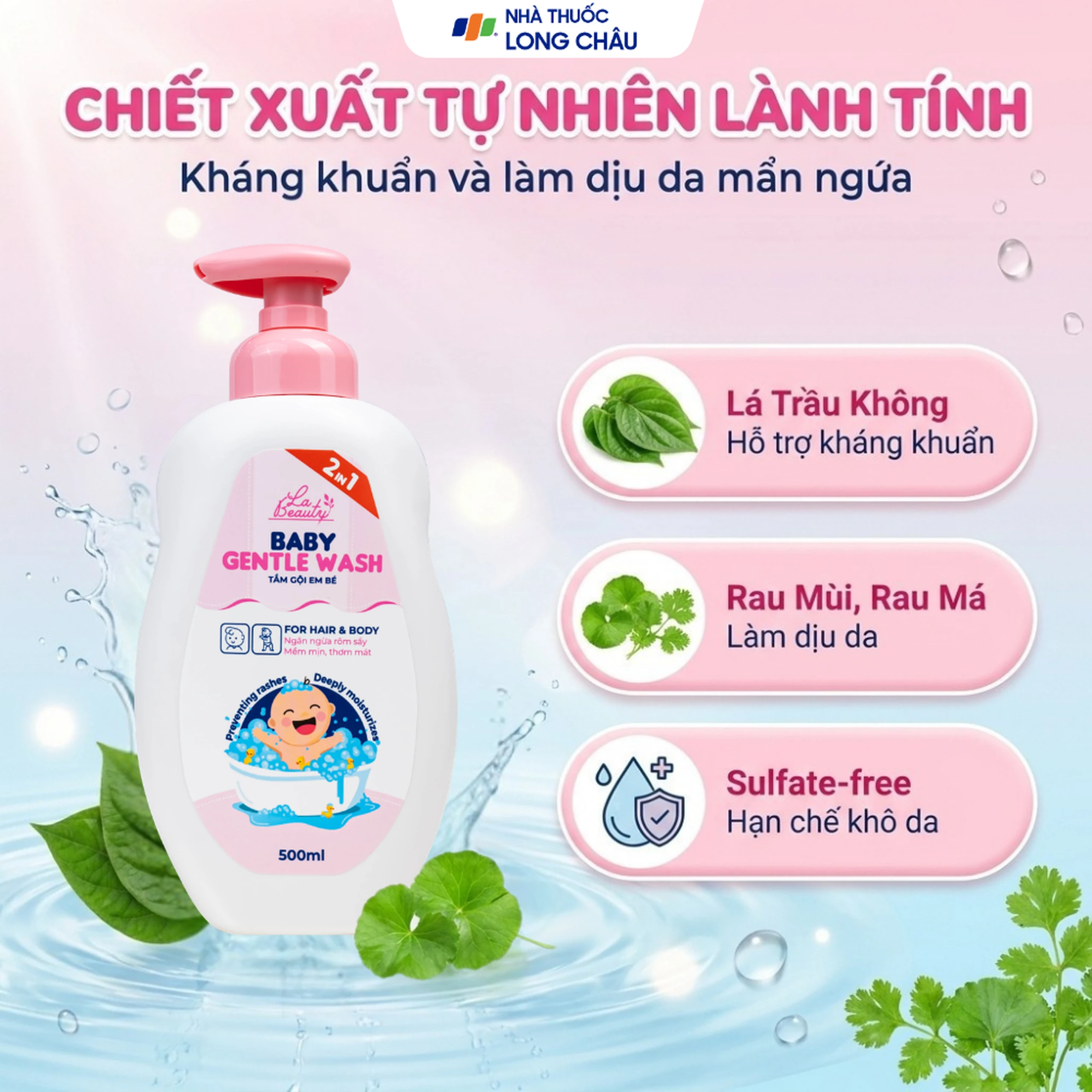 Sữa tắm gội em bé Gentle Wash 500ml La Beauty giảm và ngăn ngừa rôm sảy, hăm da 4