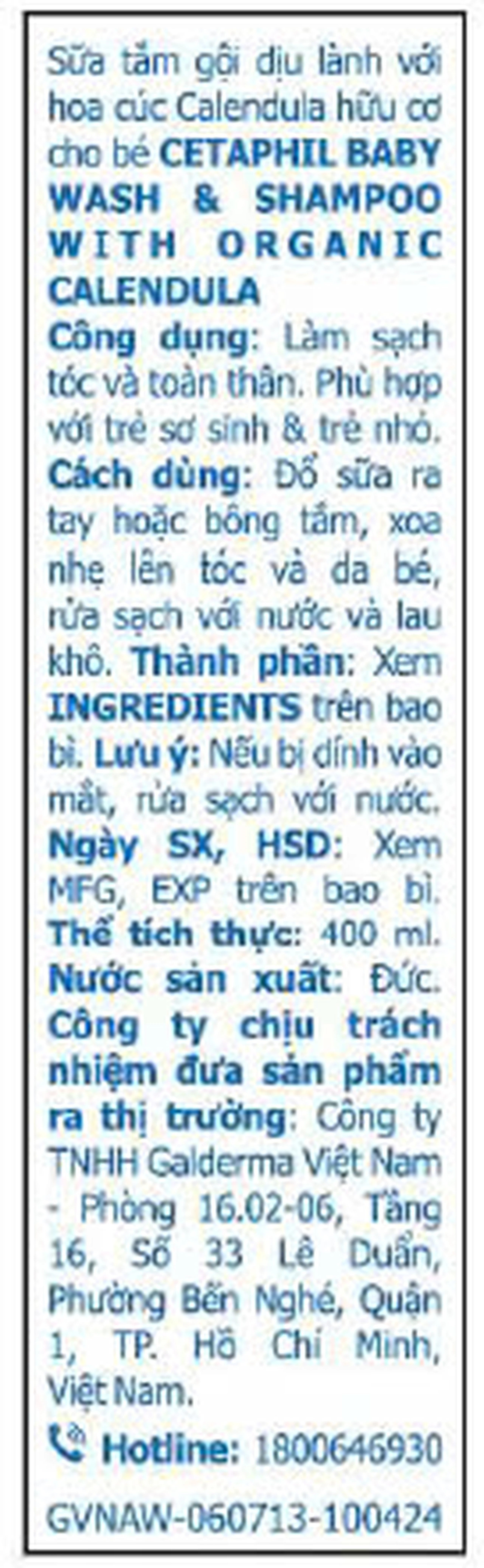 Sữa tắm gội cho bé Cetaphil Organic Calendula dịu nhẹ, không kích ứng (400ml) 3