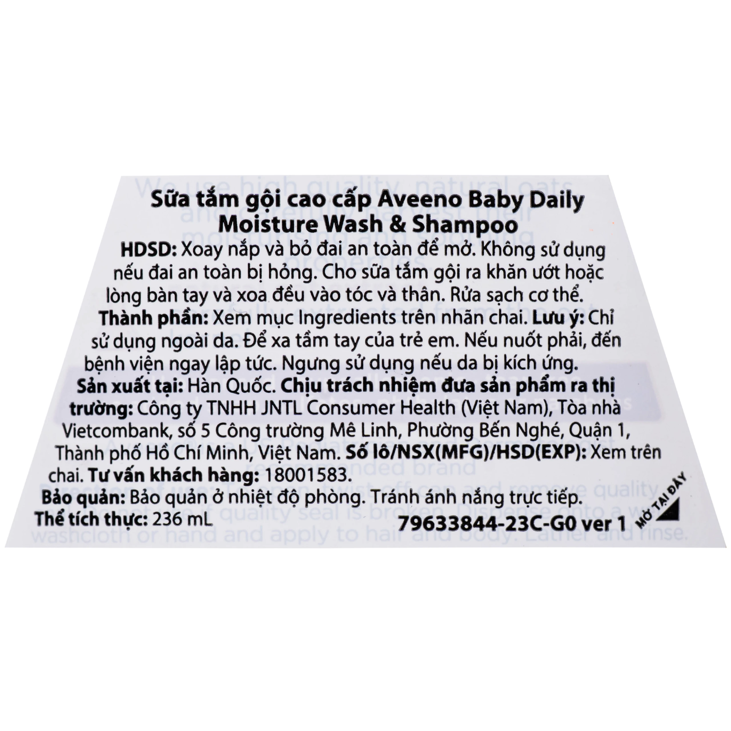 Sữa tắm gội cho bé Aveeno baby daily moisture wash & shampoo 236ml