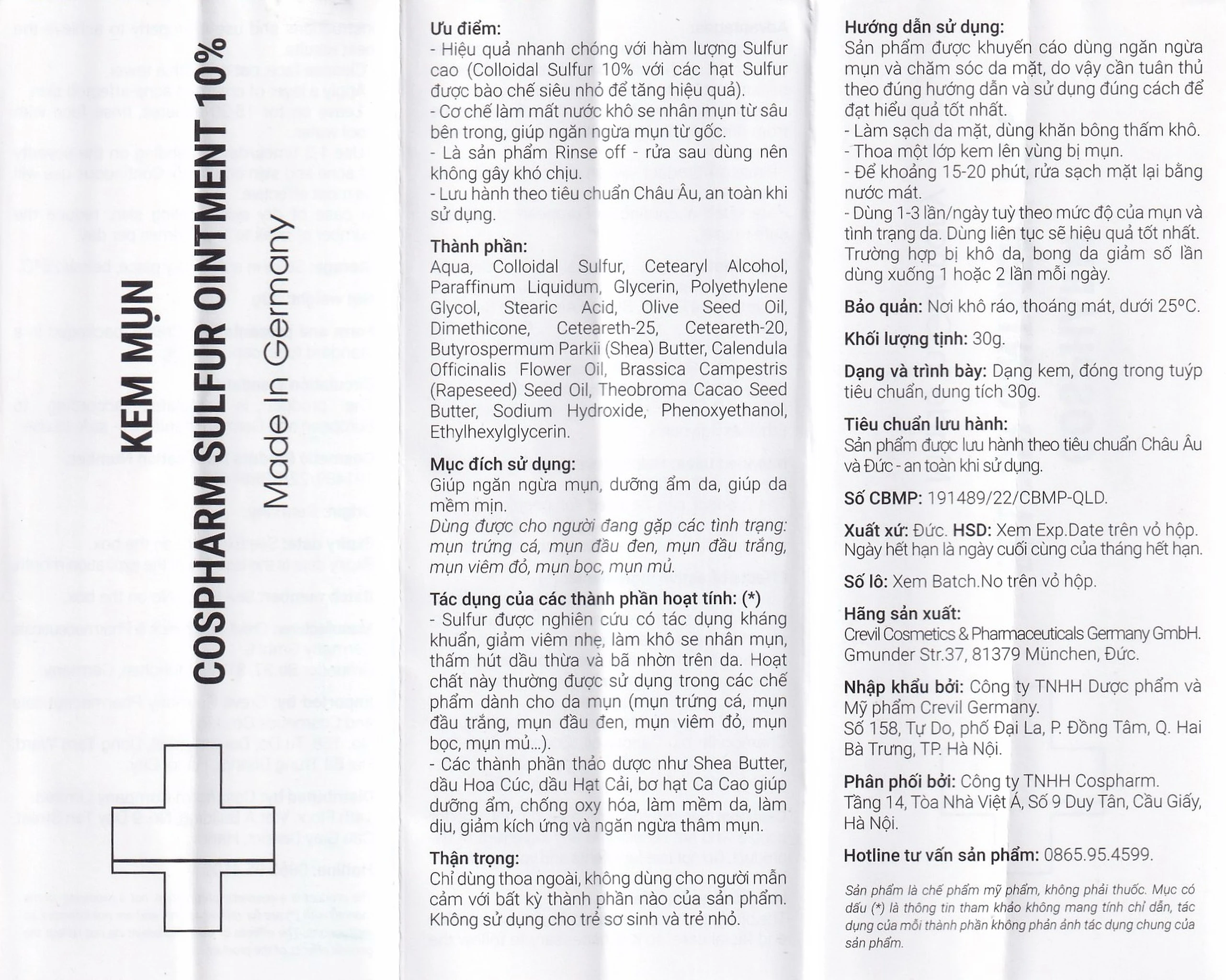 Kem bôi ngừa mụn, giảm sưng viêm sulfur 10% ointment Cospharm 30g