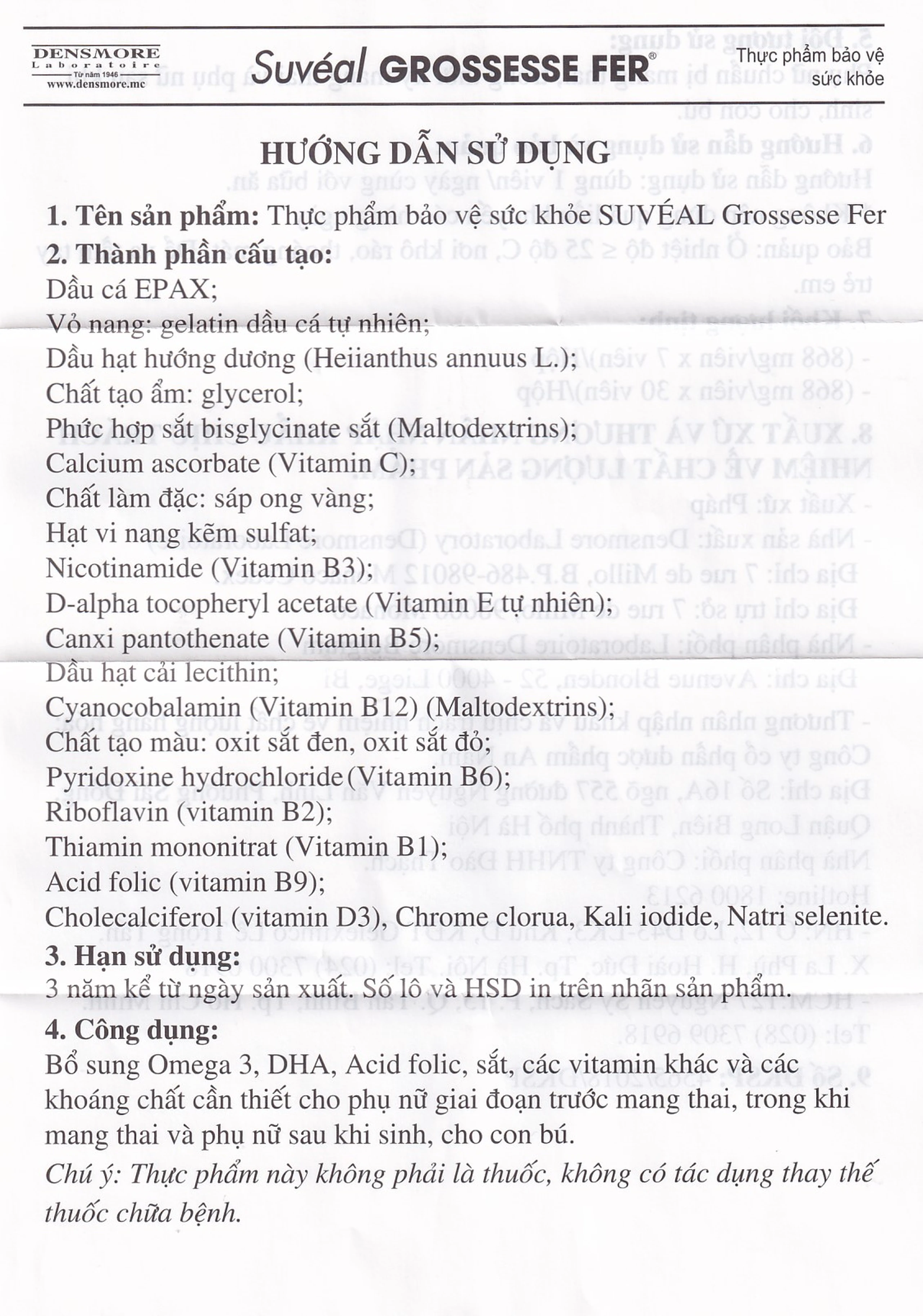 Viên uống Suvéal Grossesse Fer Densmore bổ sung Omega 3, DHA, Vitamin, khoáng chất (2 vỉ x 15 viên) 9