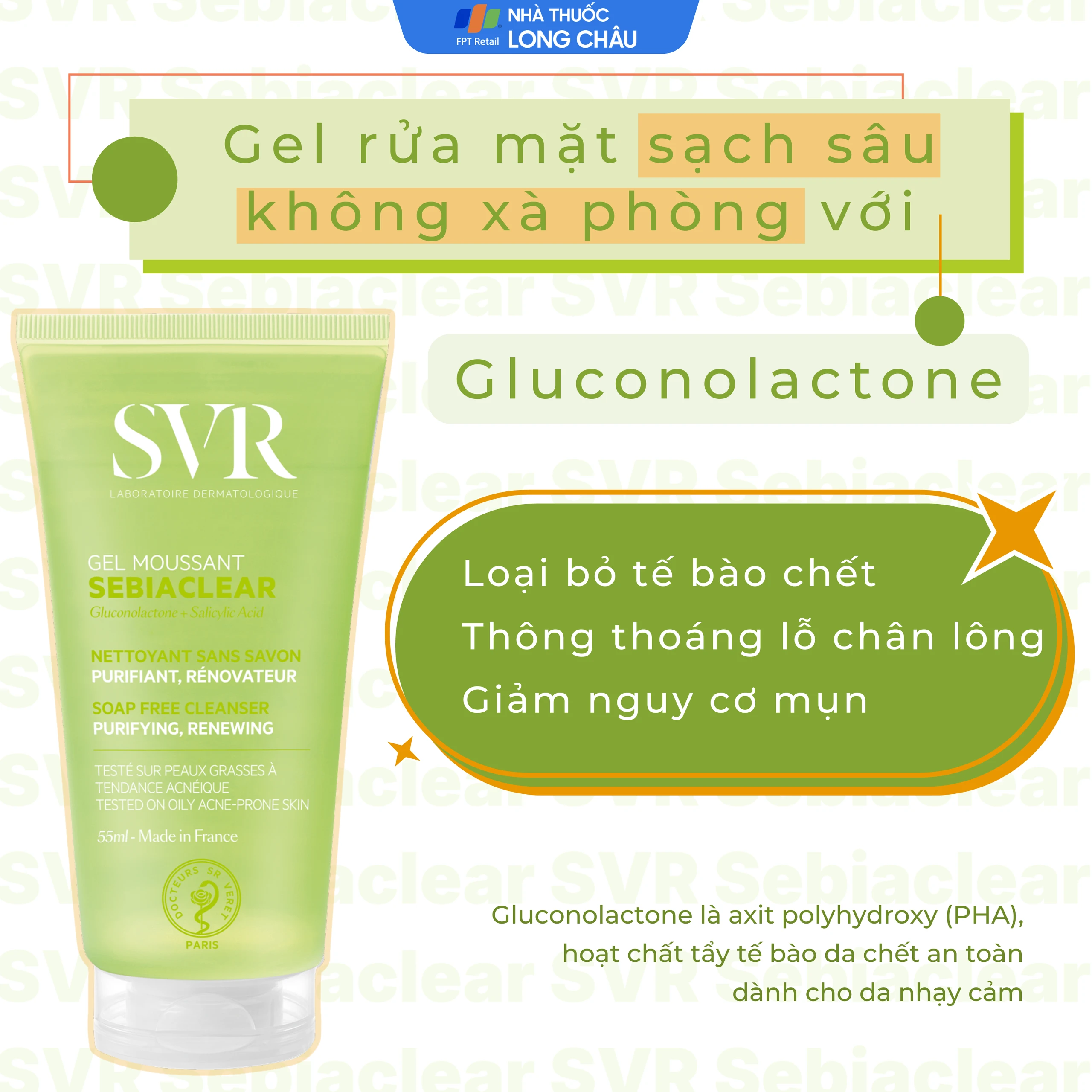 Gel rửa mặt và loại bỏ tế bào chết không chứa xà phòng SVR Sebiaclear Gel Moussant 55ml