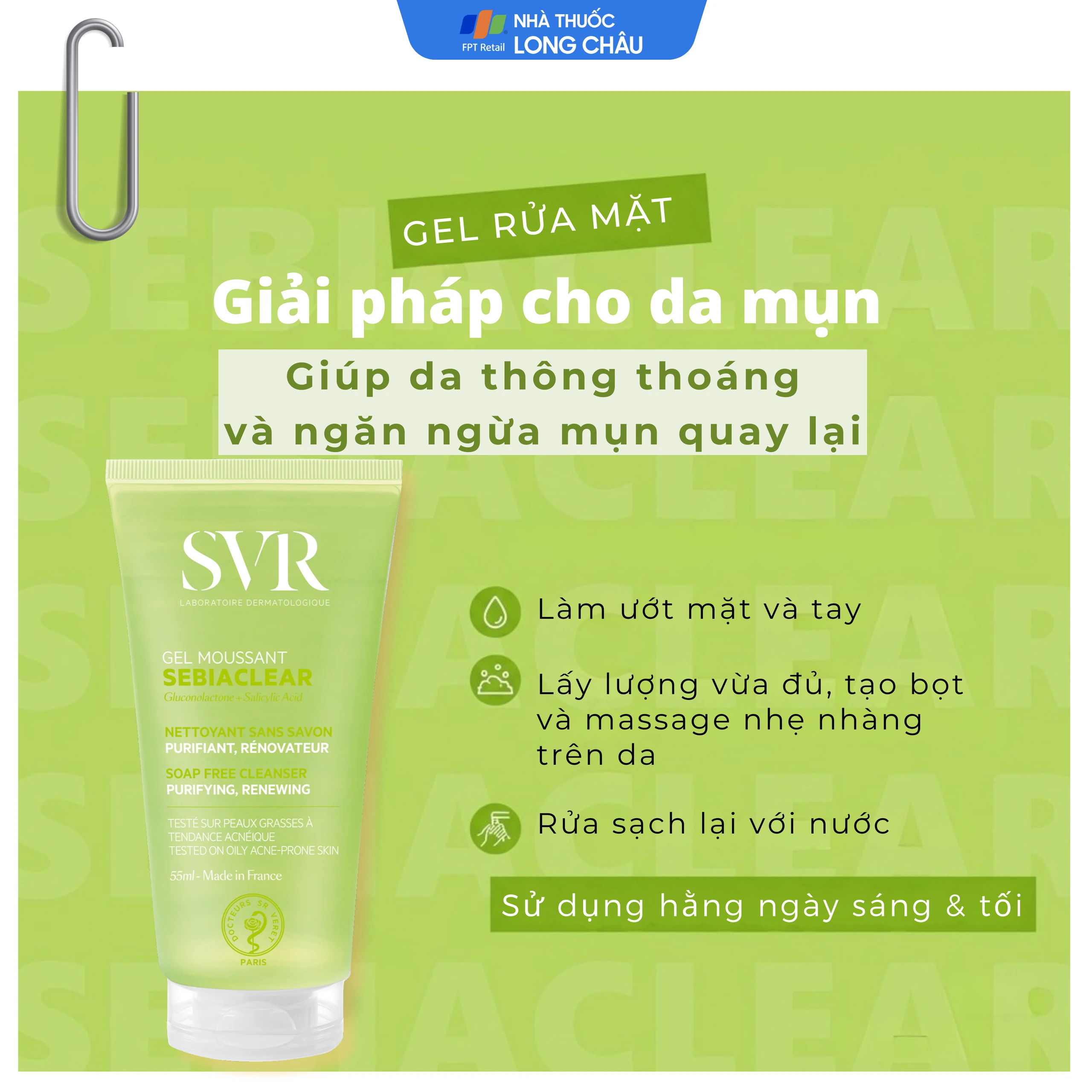 Gel rửa mặt và loại bỏ tế bào chết không chứa xà phòng SVR Sebiaclear Gel Moussant 55ml