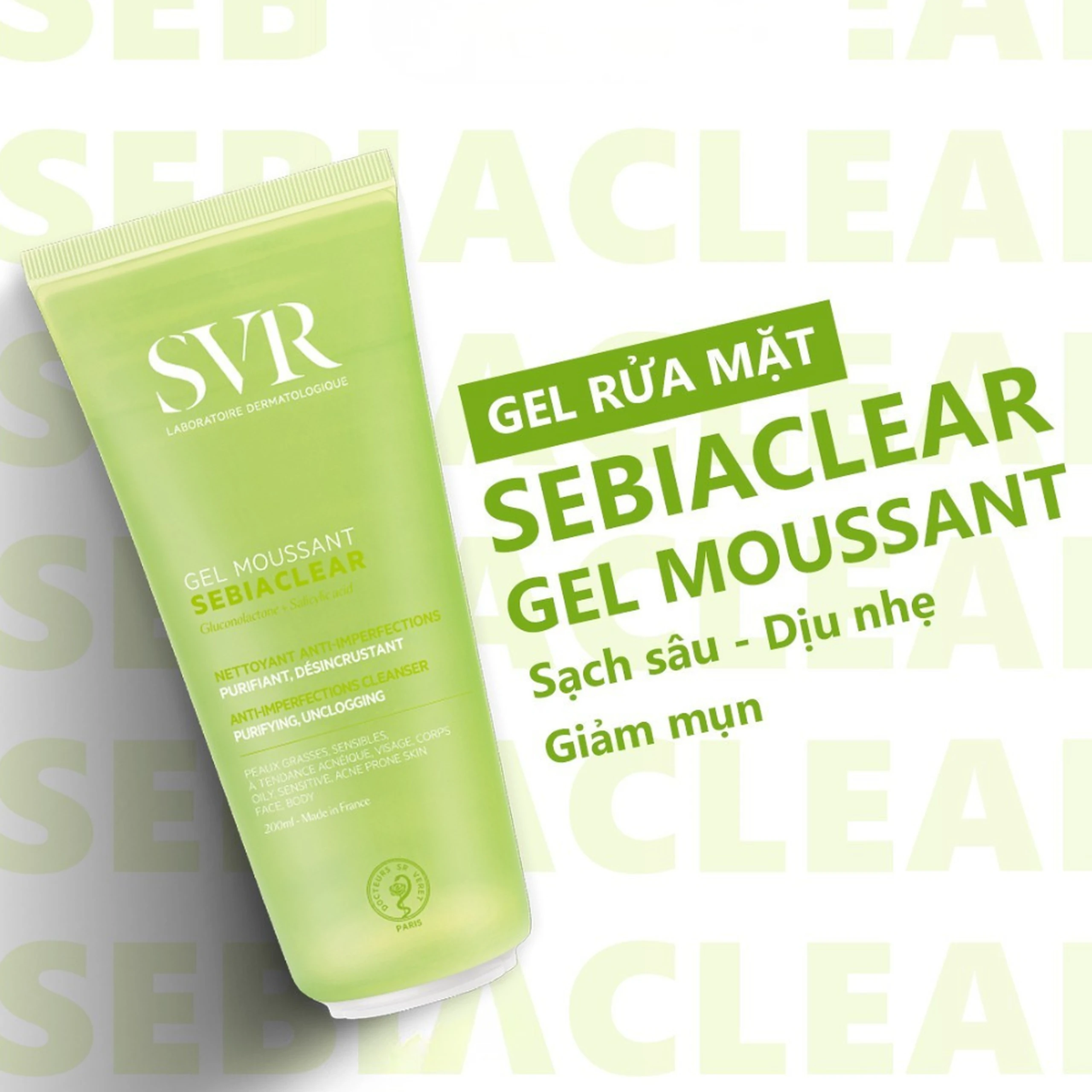 Gel rửa mặt và loại bỏ tế bào chết không chứa xà phòng SVR Sebiaclear Gel Moussant 55ml 2