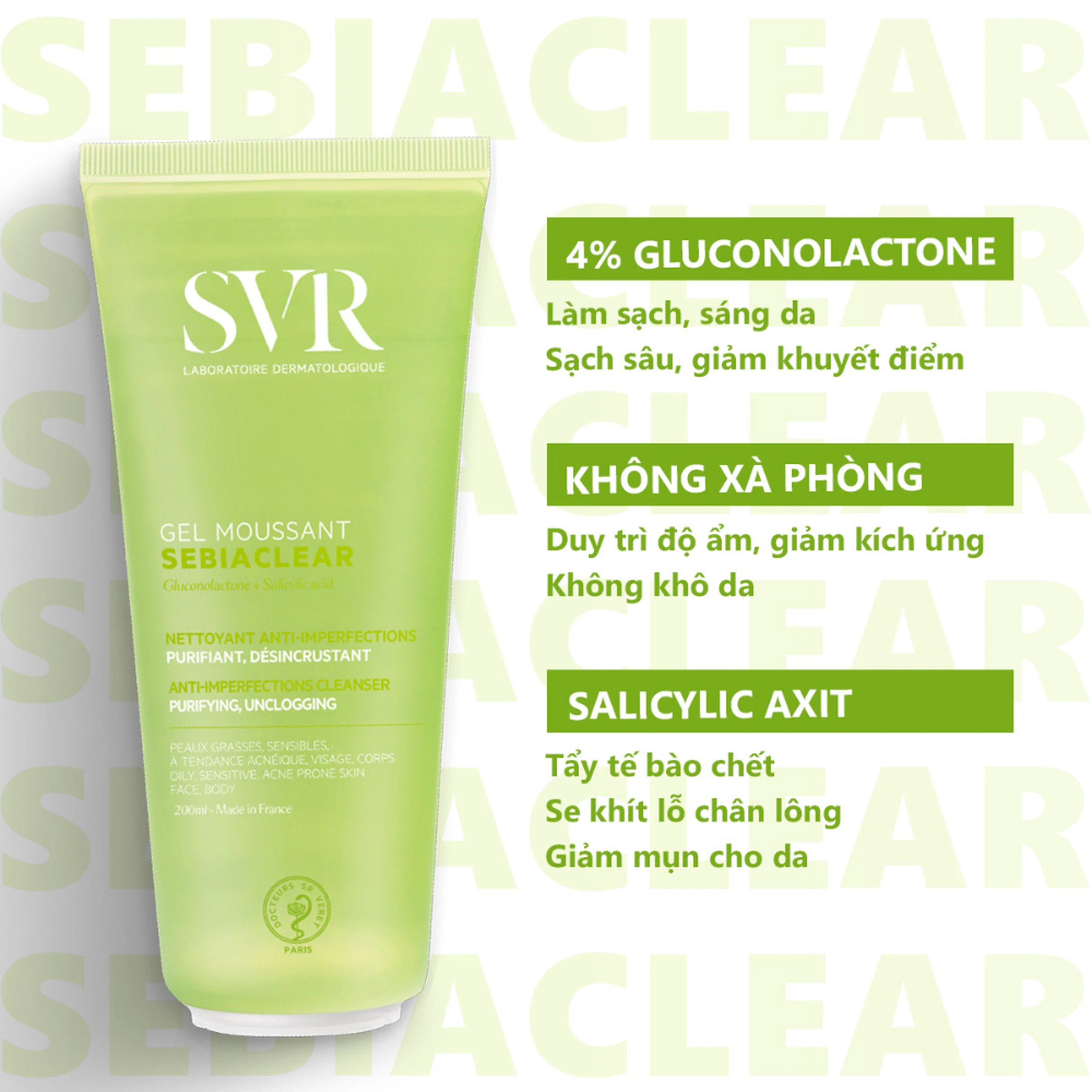 Gel rửa mặt và loại bỏ tế bào chết không chứa xà phòng SVR Sebiaclear Gel Moussant 55ml 3