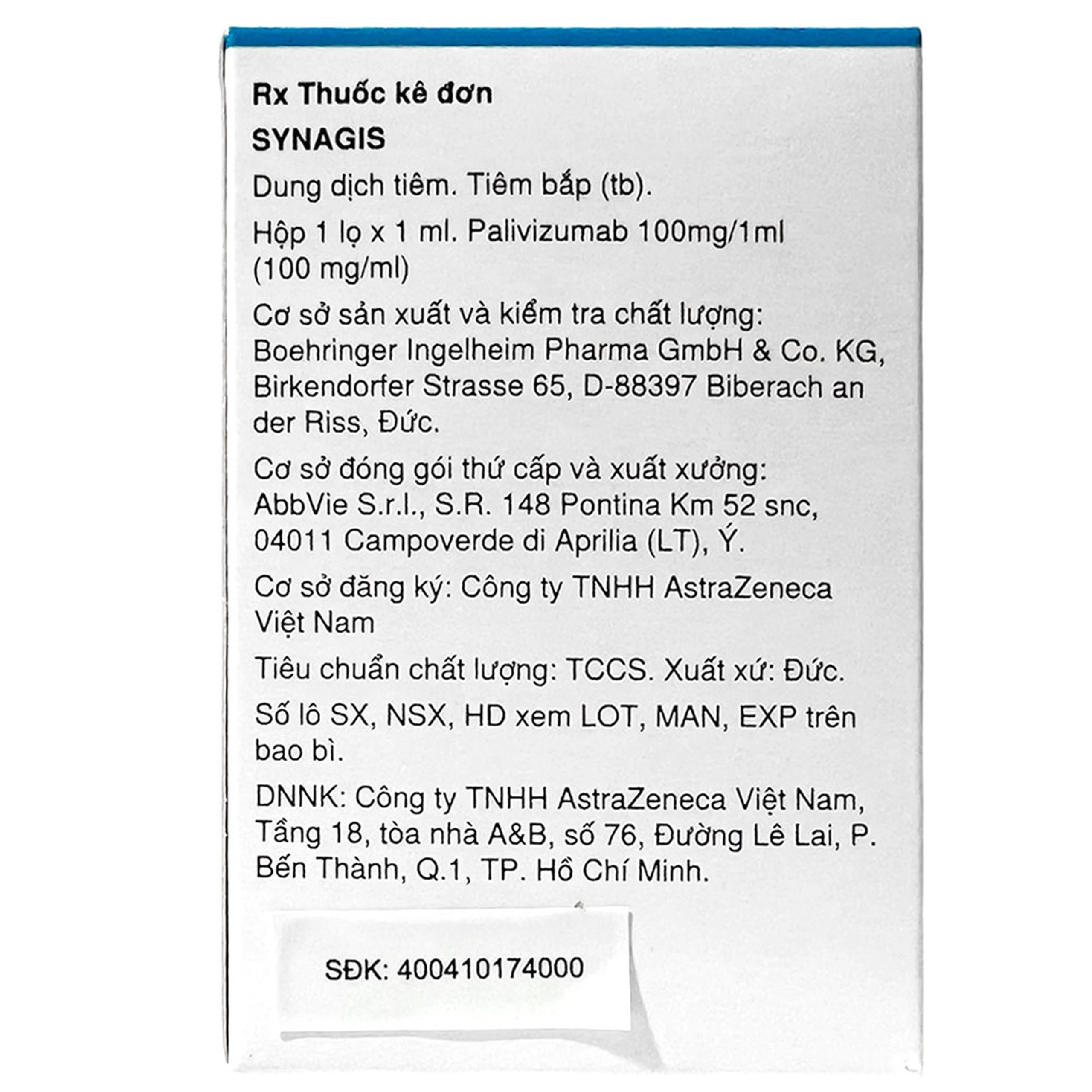 Dung dịch tiêm Synagis 100mg/1ml Astrazeneca điều trị để phòng ngừa bệnh đường hô hấp