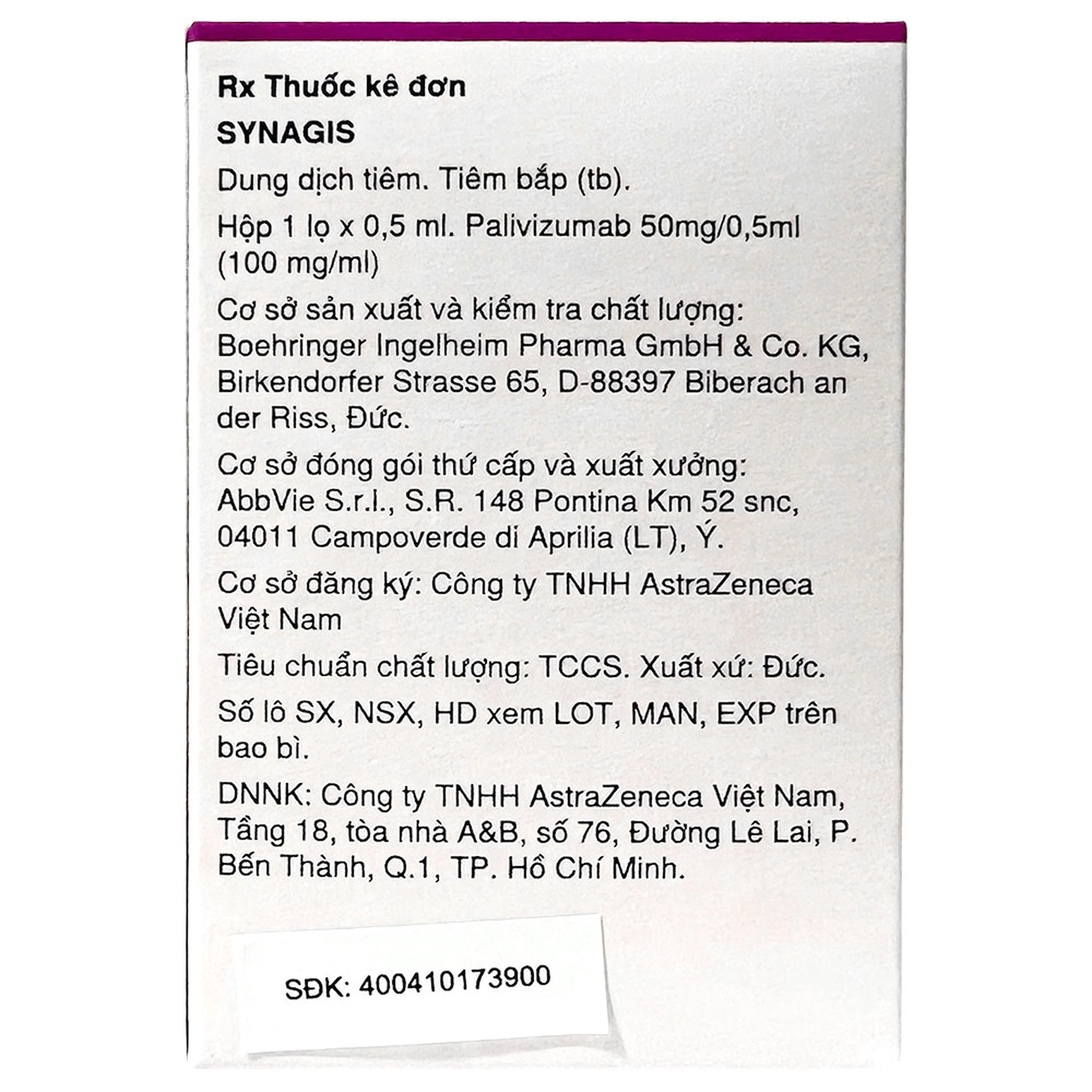 Dung dịch tiêm Synagis 50mg/0.5ml Astrazeneca điều trị để phòng ngừa bệnh đường hô hấp