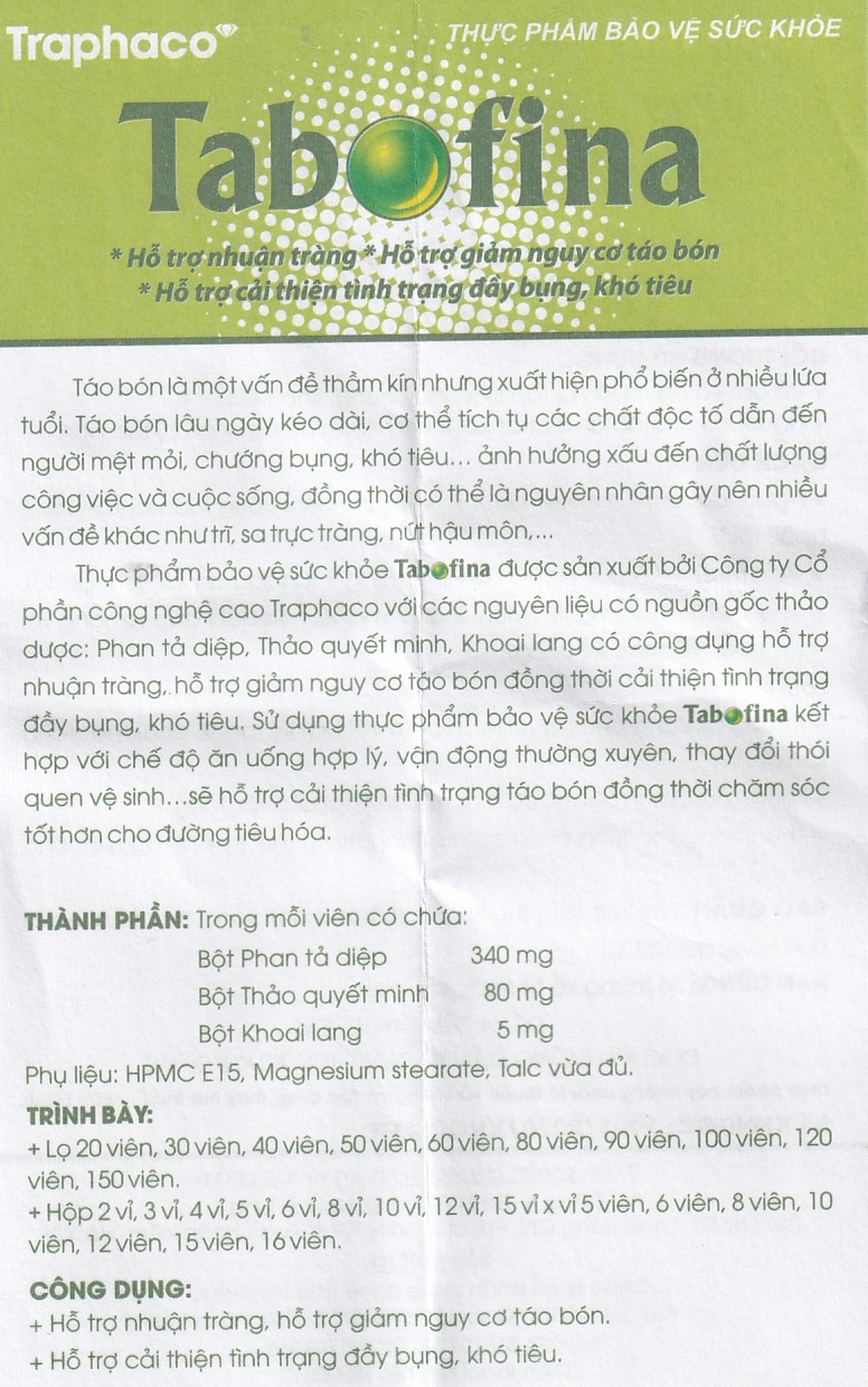 Viên hỗ trợ giảm nguy cơ táo bón Tabofina Traphaco (3 vỉ x 10 viên)