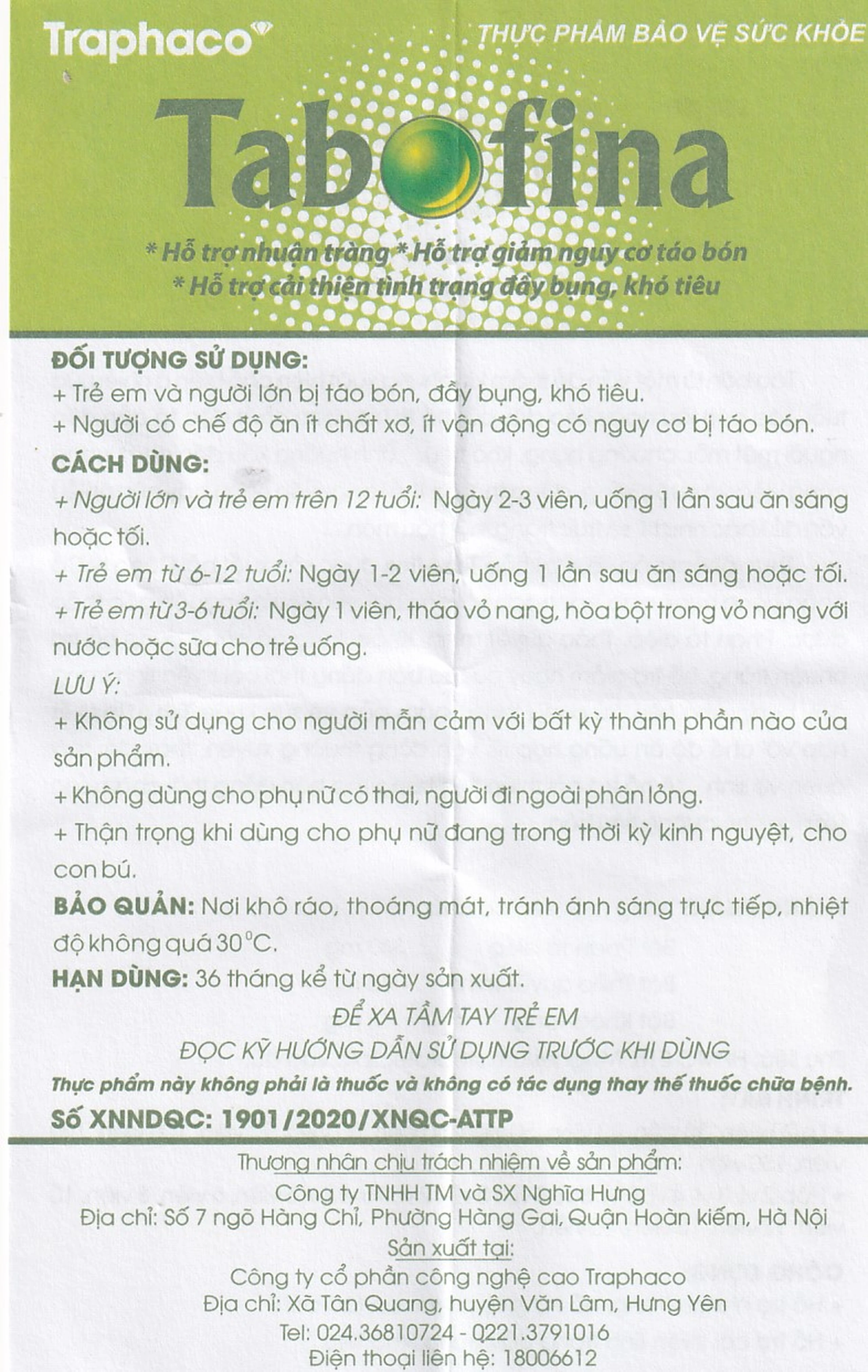 Viên hỗ trợ giảm nguy cơ táo bón Tabofina Traphaco (3 vỉ x 10 viên)