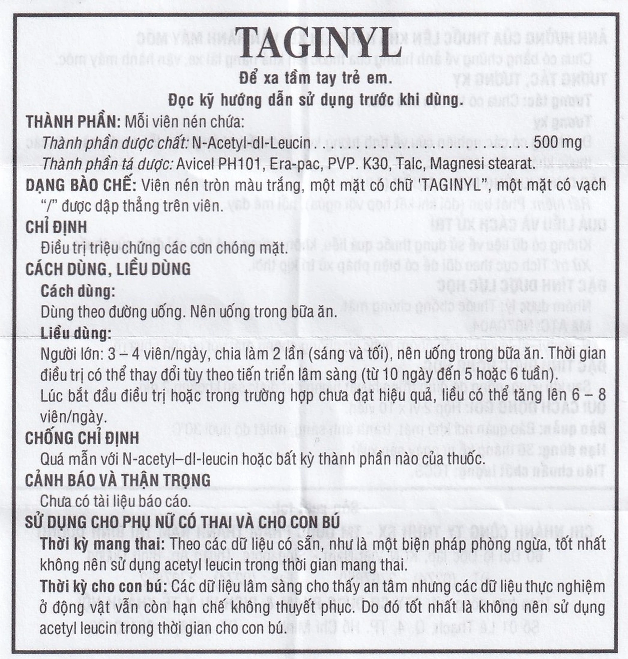 Thuốc Taginyl 500mg Thành Nam điều trị triệu chứng cơn chóng mặt (2 vỉ x 10 viên)