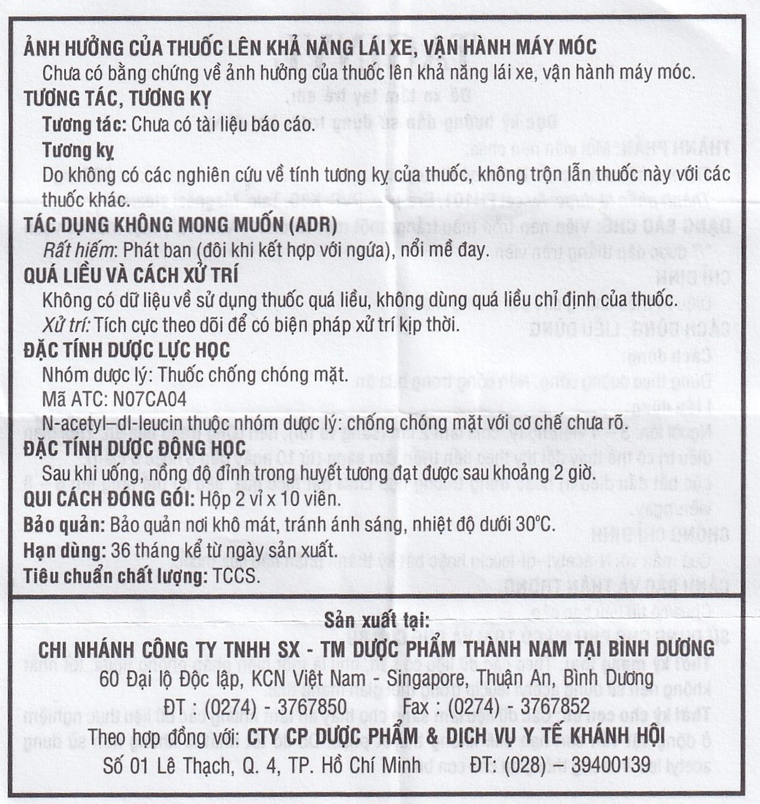 Thuốc Taginyl 500mg Thành Nam điều trị triệu chứng cơn chóng mặt (2 vỉ x 10 viên)