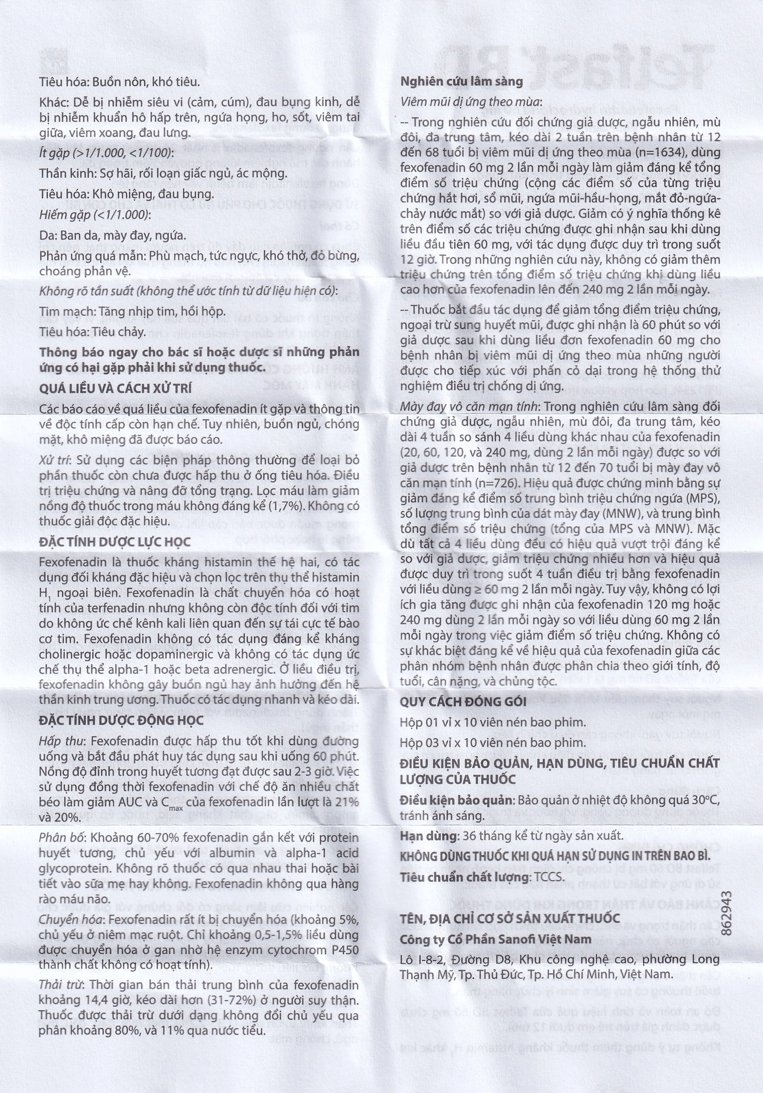 Viên nén bao phim Telfast BD 60mg Sanofi giảm hiệu quả triệu chứng dị ứng (3 vỉ x 10 viên)