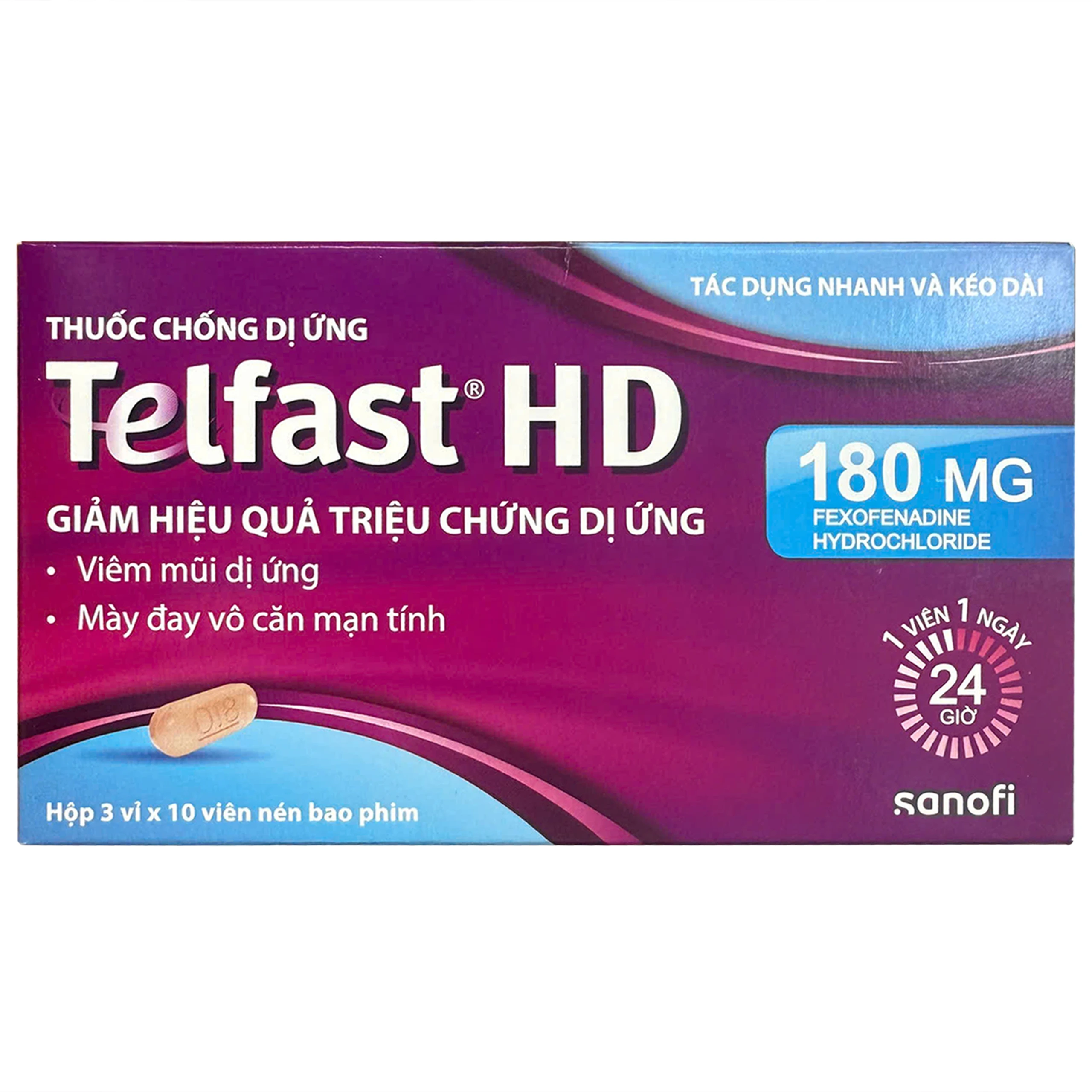 Thuốc chống dị ứng Telfast HD 180mg Sanofi giảm triệu chứng viêm mũi dị ứng, mày đay vô căn mạn tính (3 vỉ x 10 viên)