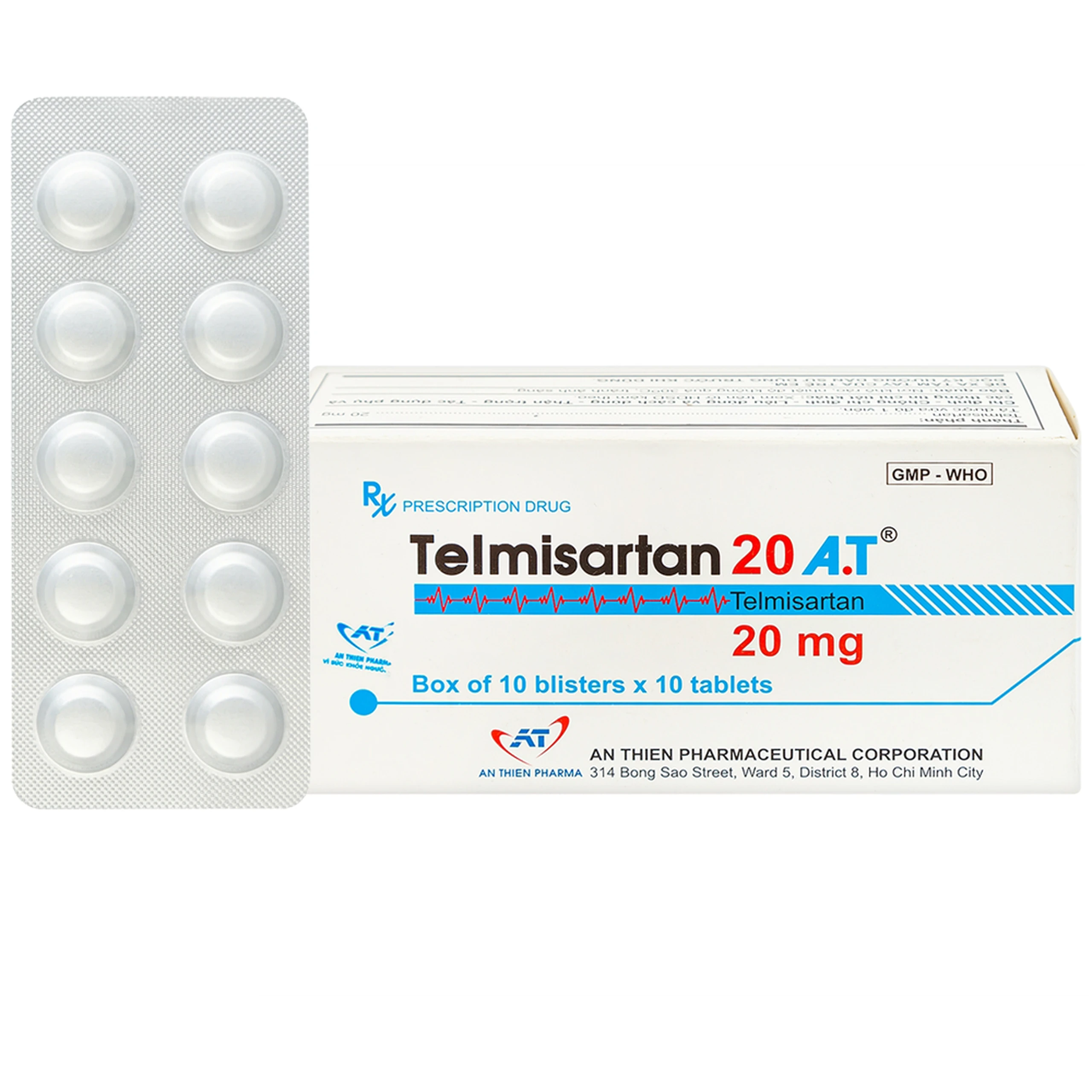 Thuốc Telmisartan 20 A.T điều trị tăng huyết áp (10 vỉ x 10 viên)