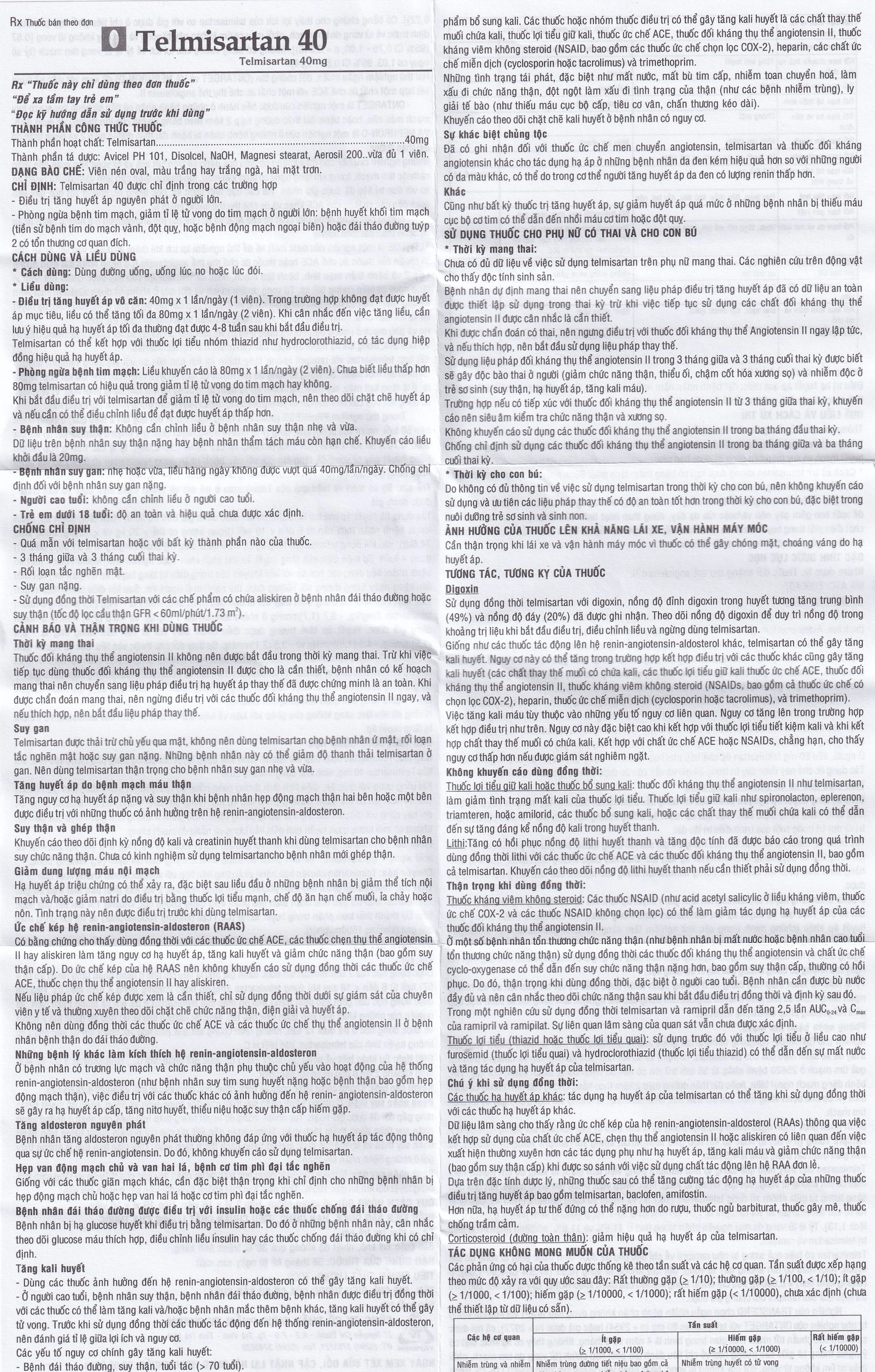 Thuốc Telmisartan 40 TV.Pharm điều trị tăng huyết áp (3 vỉ x 10 viên)