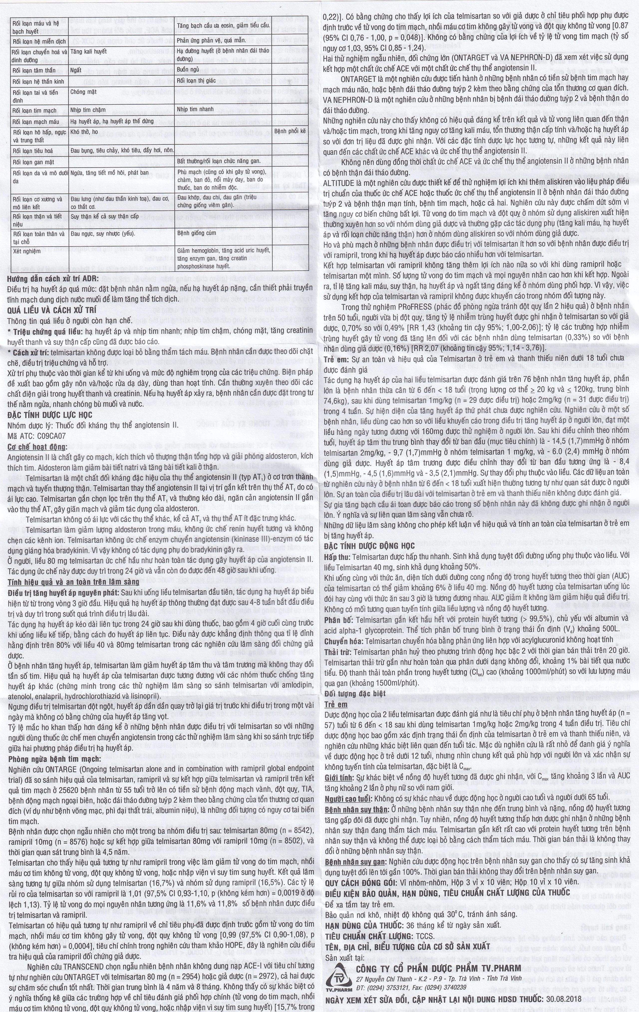 Thuốc Telmisartan 40 TV.Pharm điều trị tăng huyết áp (3 vỉ x 10 viên)