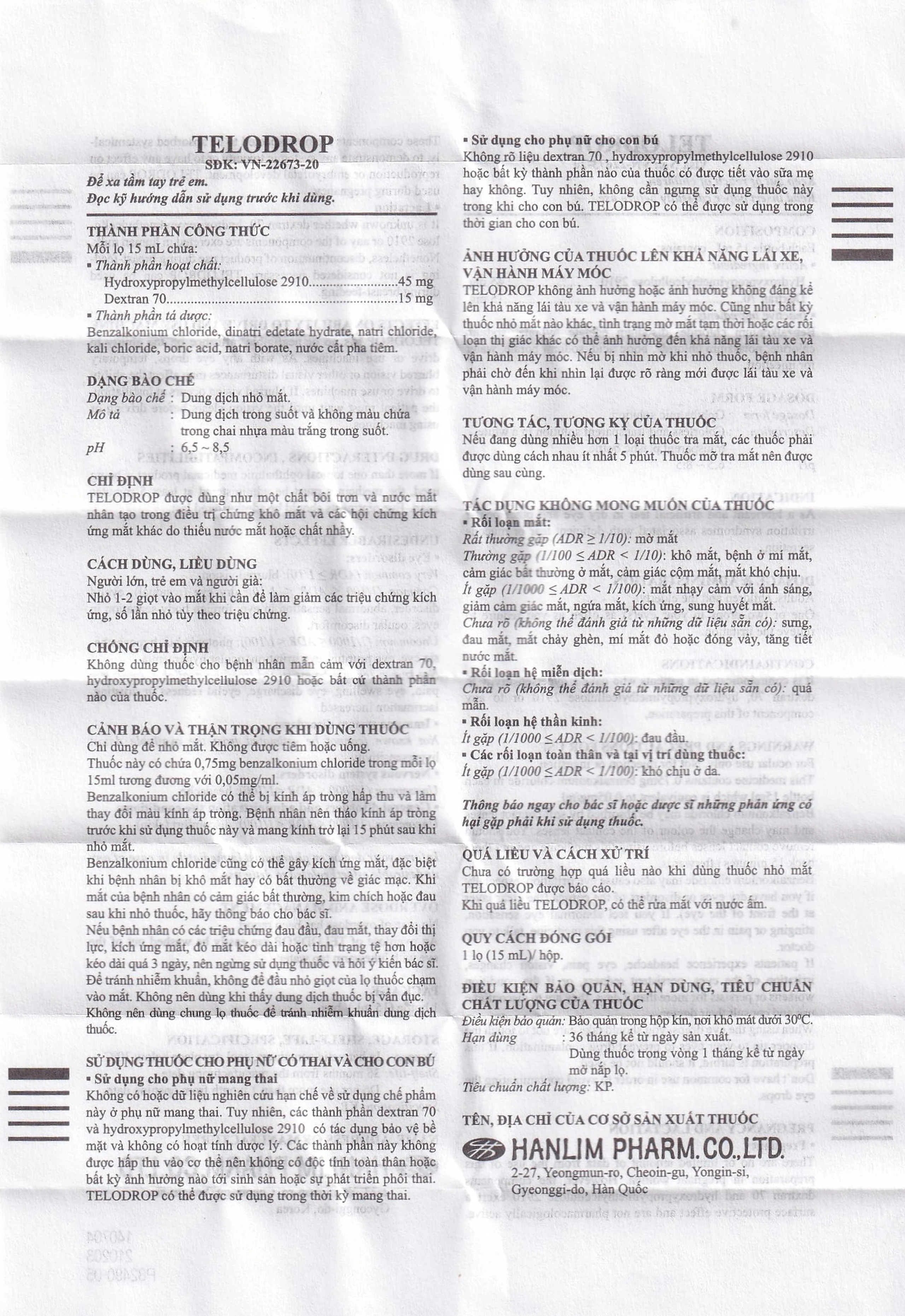 Thuốc nhỏ mắt Telodrop Hanlim điều trị chứng khô mắt (15ml)