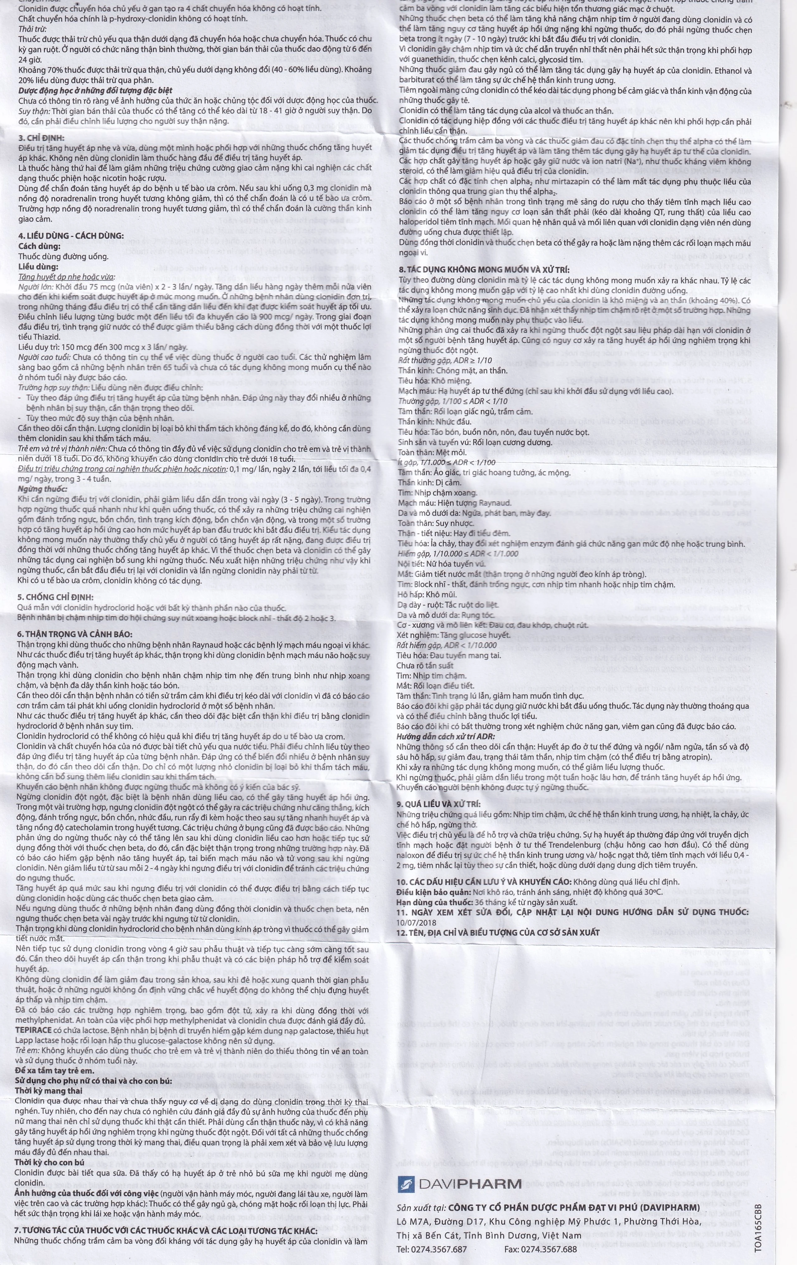 Thuốc Tepirace Davipharm điều trị tăng huyết áp (3 vỉ x 10 viên)