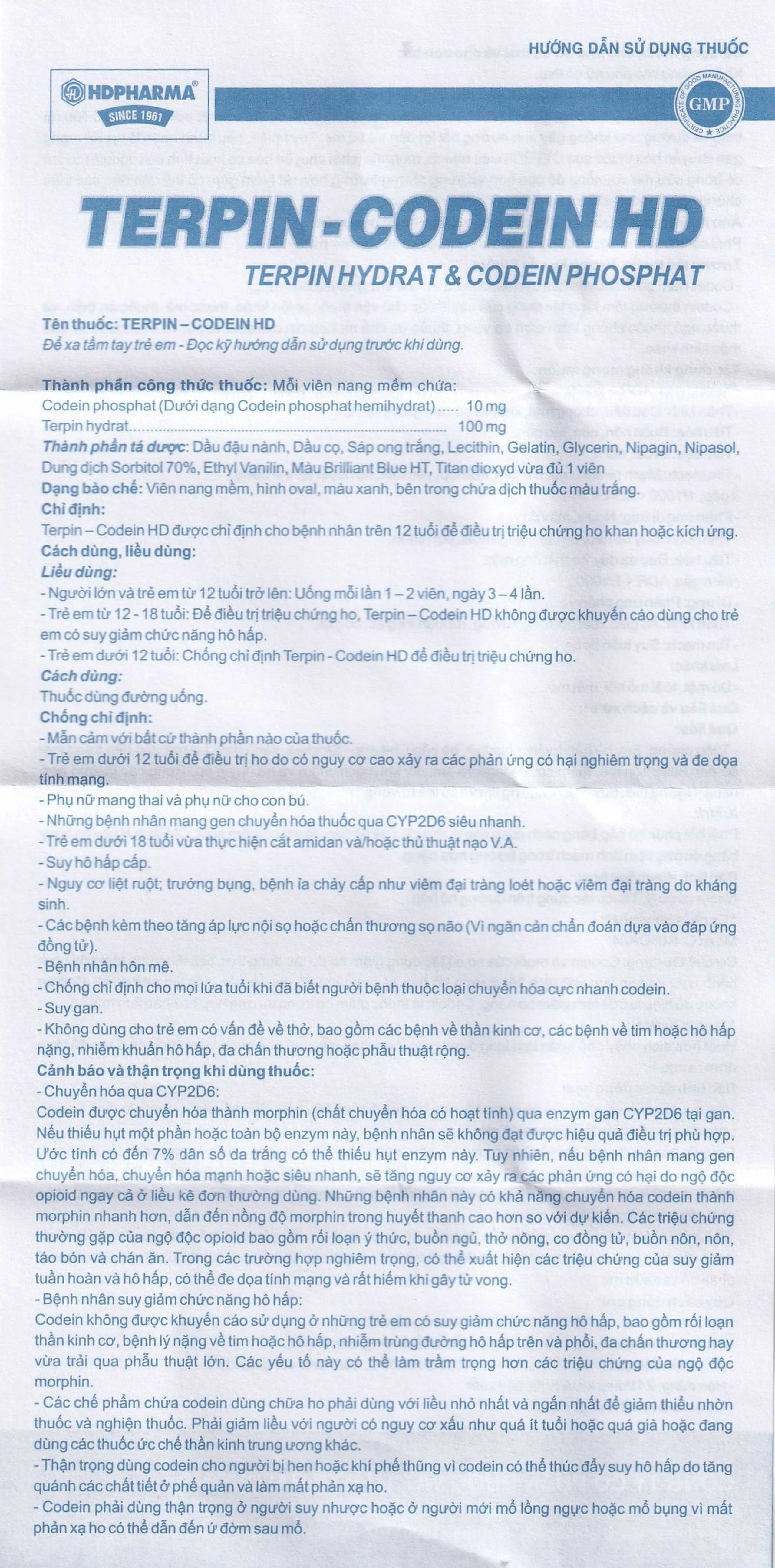 Thuốc Terpin-codein HD Hdpharma điều trị triệu chứng ho khan hoặc kích ứng (5 vỉ x 10 viên)