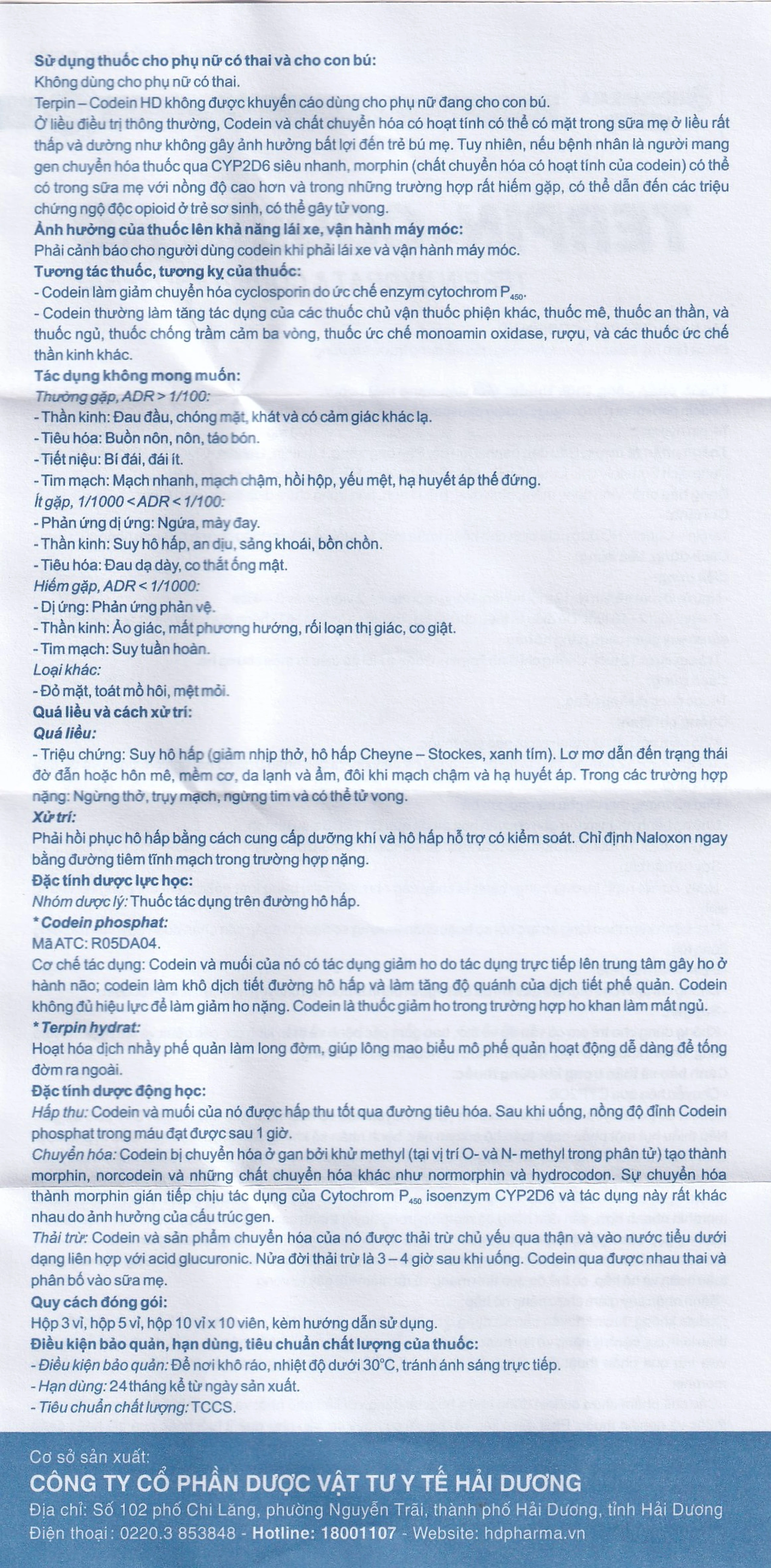 Thuốc Terpin-codein HD Hdpharma điều trị triệu chứng ho khan hoặc kích ứng (5 vỉ x 10 viên)