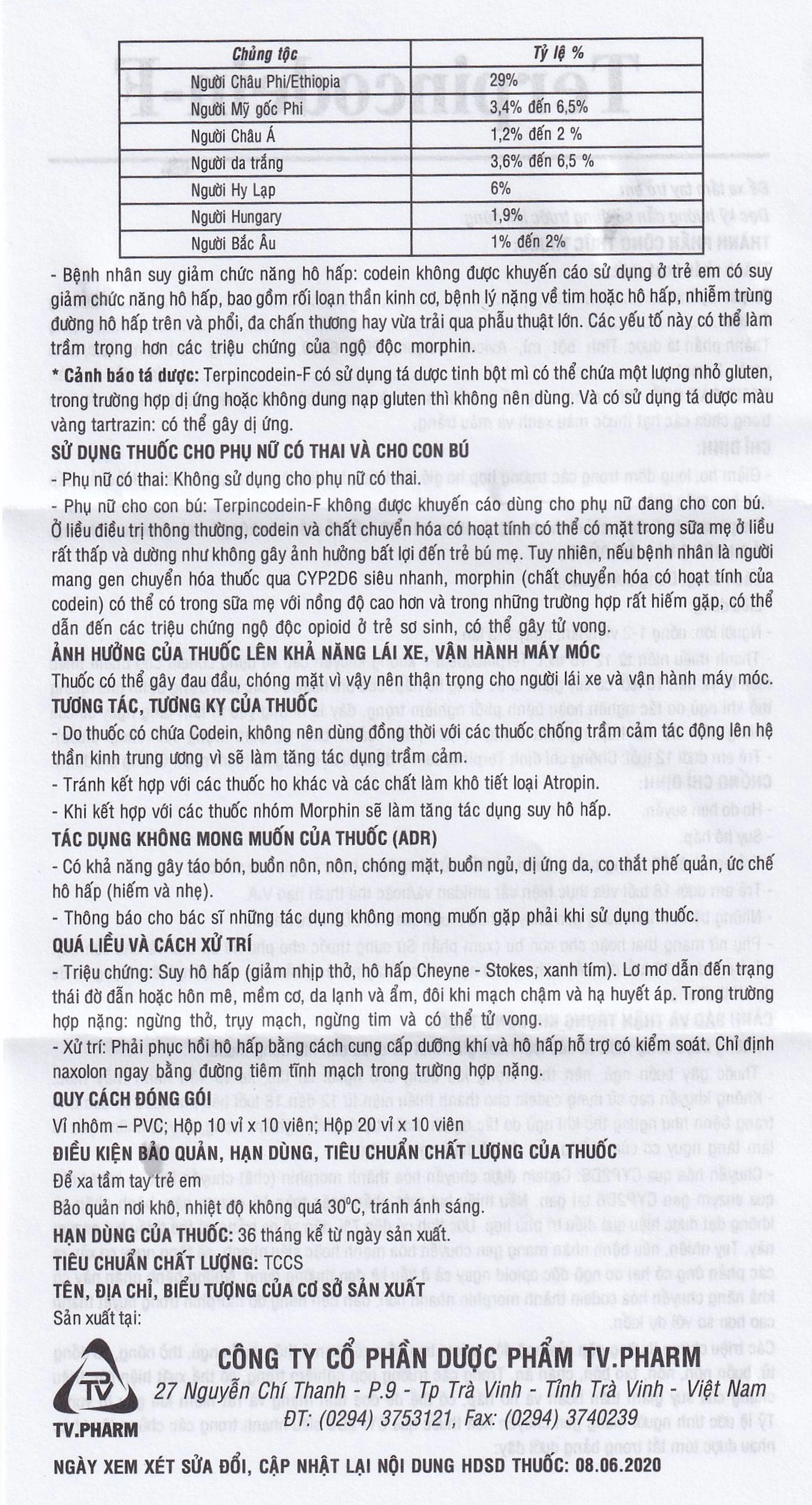 Thuốc Terpincodein-F giảm ho, long đờm (10 vỉ x 10 viên)