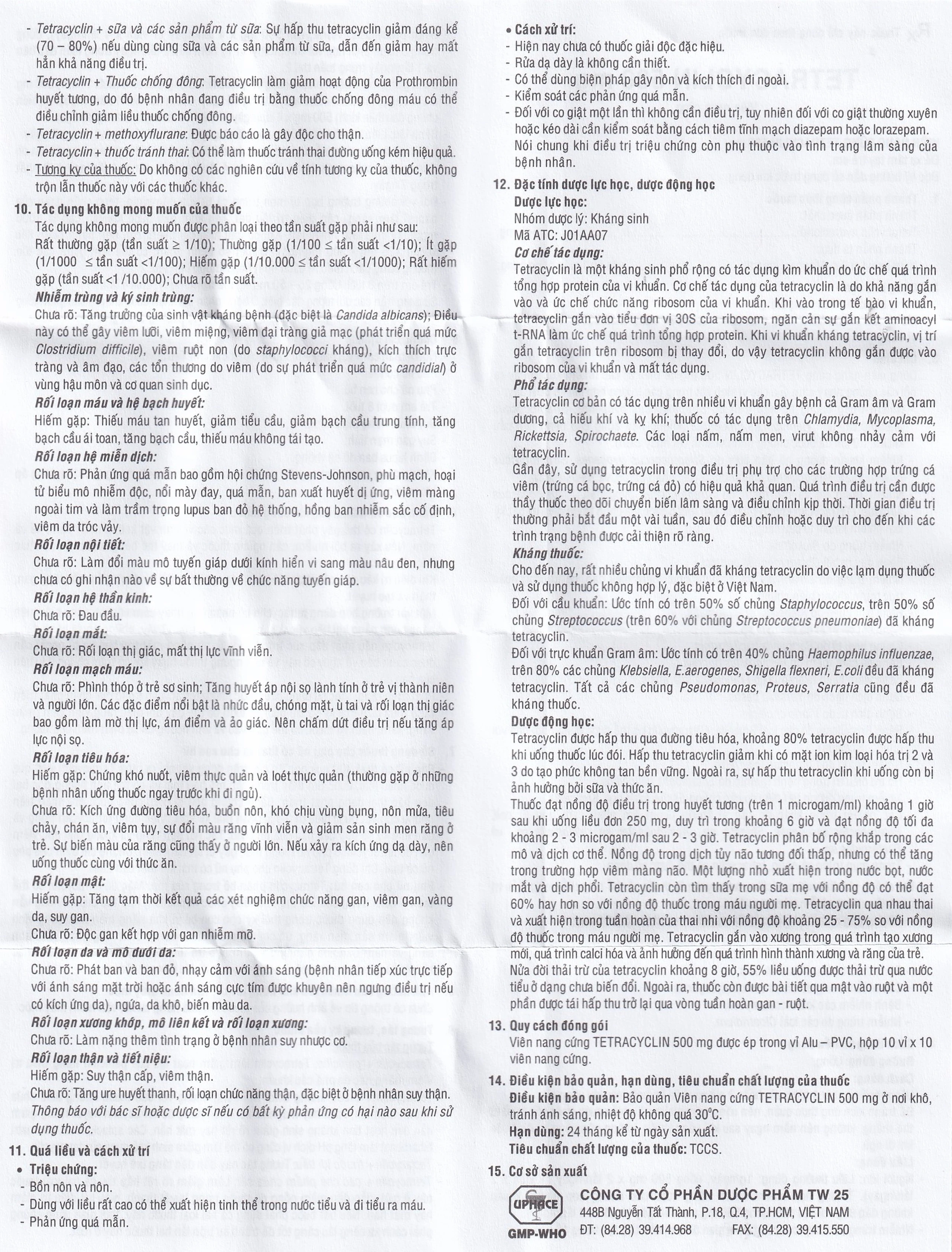 Thuốc  Tetracyclin 500mg Uphace điều trị nhiễm khuẩn đường hô hấp (10 vỉ x 10 viên)