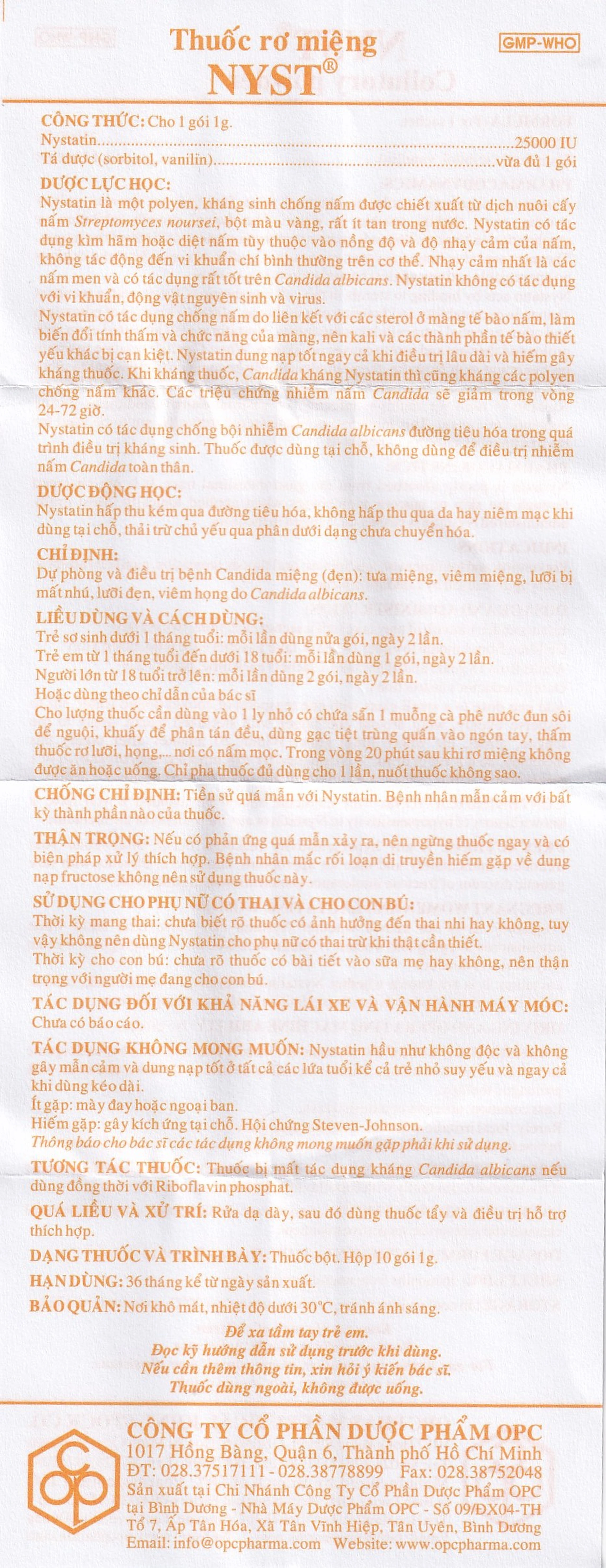 Thuốc rơ miệng Nyst 25.000IU OPC dự phòng và điều trị bệnh Candida miệng (10 gói)