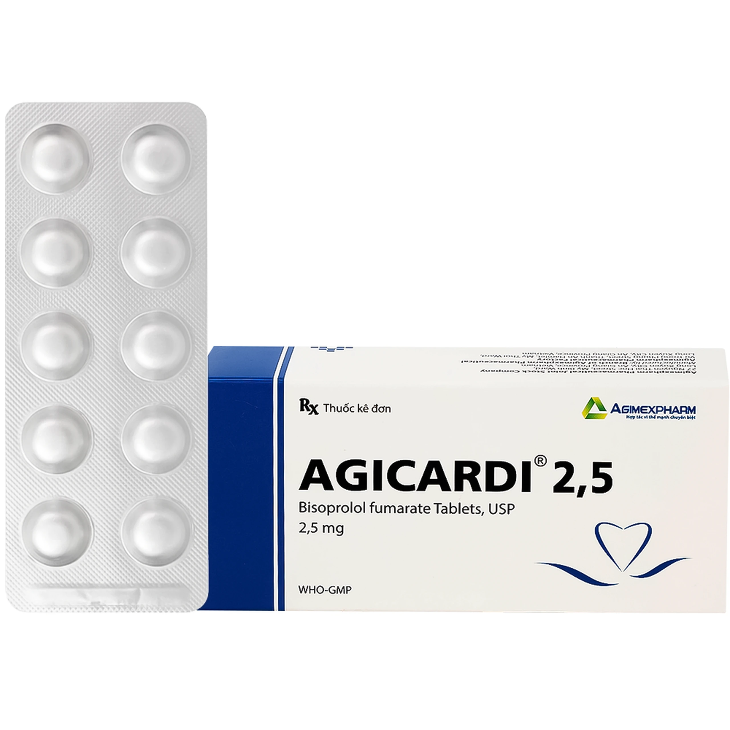 Thuốc Agicardi 2,5 Agimexpharm điều trị tăng huyết áp, đau thắt ngực ổn định mạn tính (3 vỉ x 10 viên) 1
