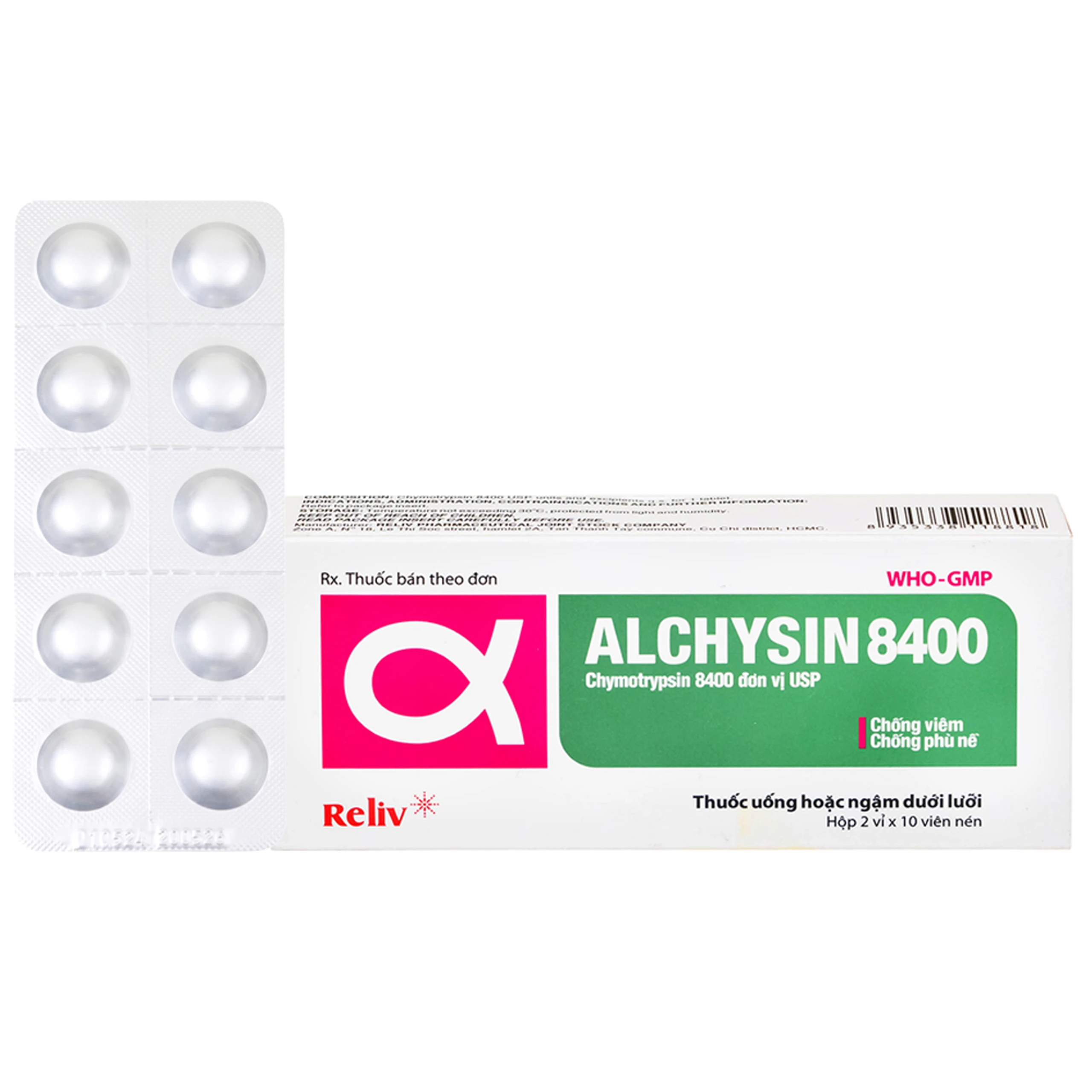 Thuốc Alchysin 8400 Reliv điều trị các trường hợp phù nề sau chấn thương (2 vỉ x 10 viên)