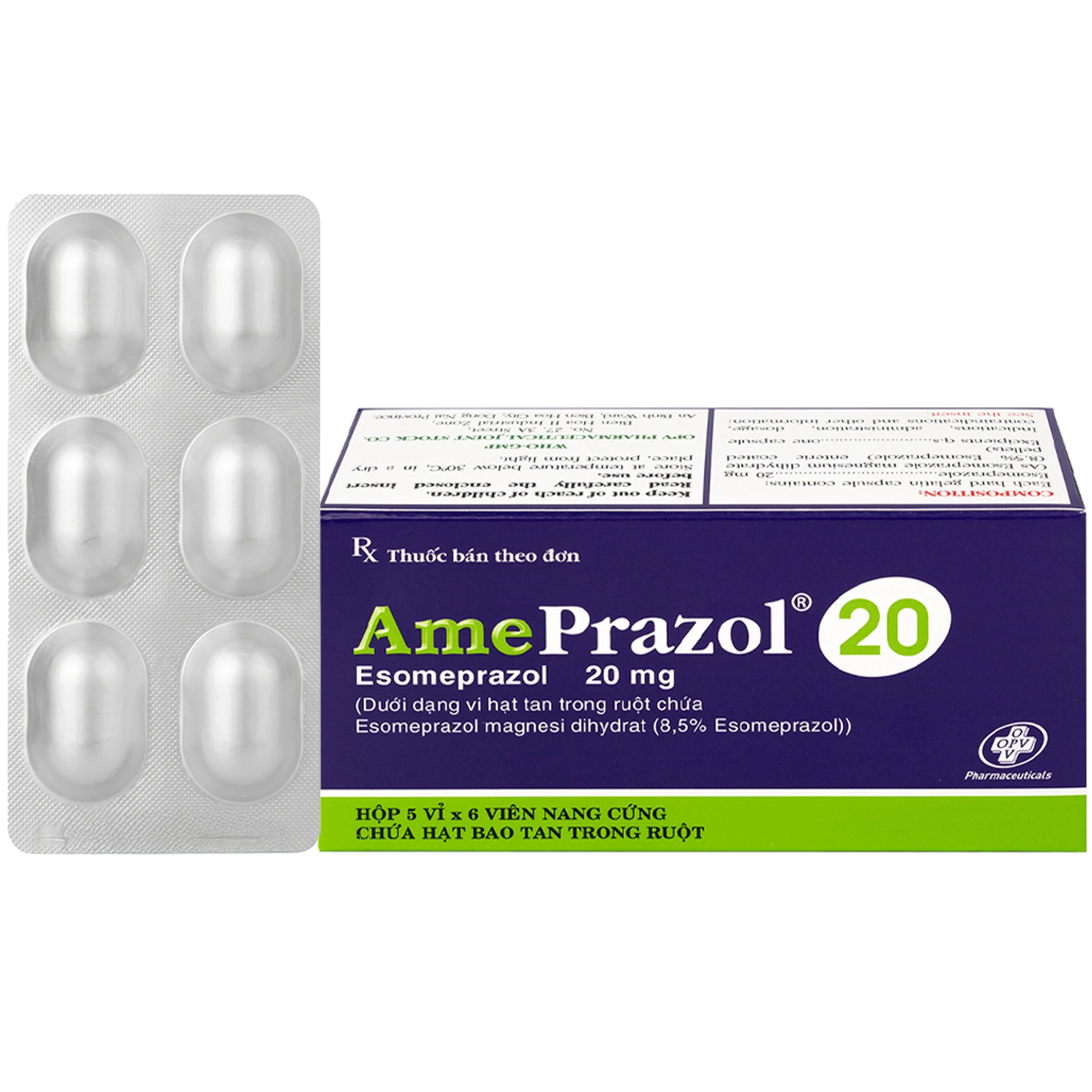 Thuốc AmePrazol 20mg OPV điều trị bệnh trào ngược dạ dày thực quản (5 vỉ x 6 viên) 1