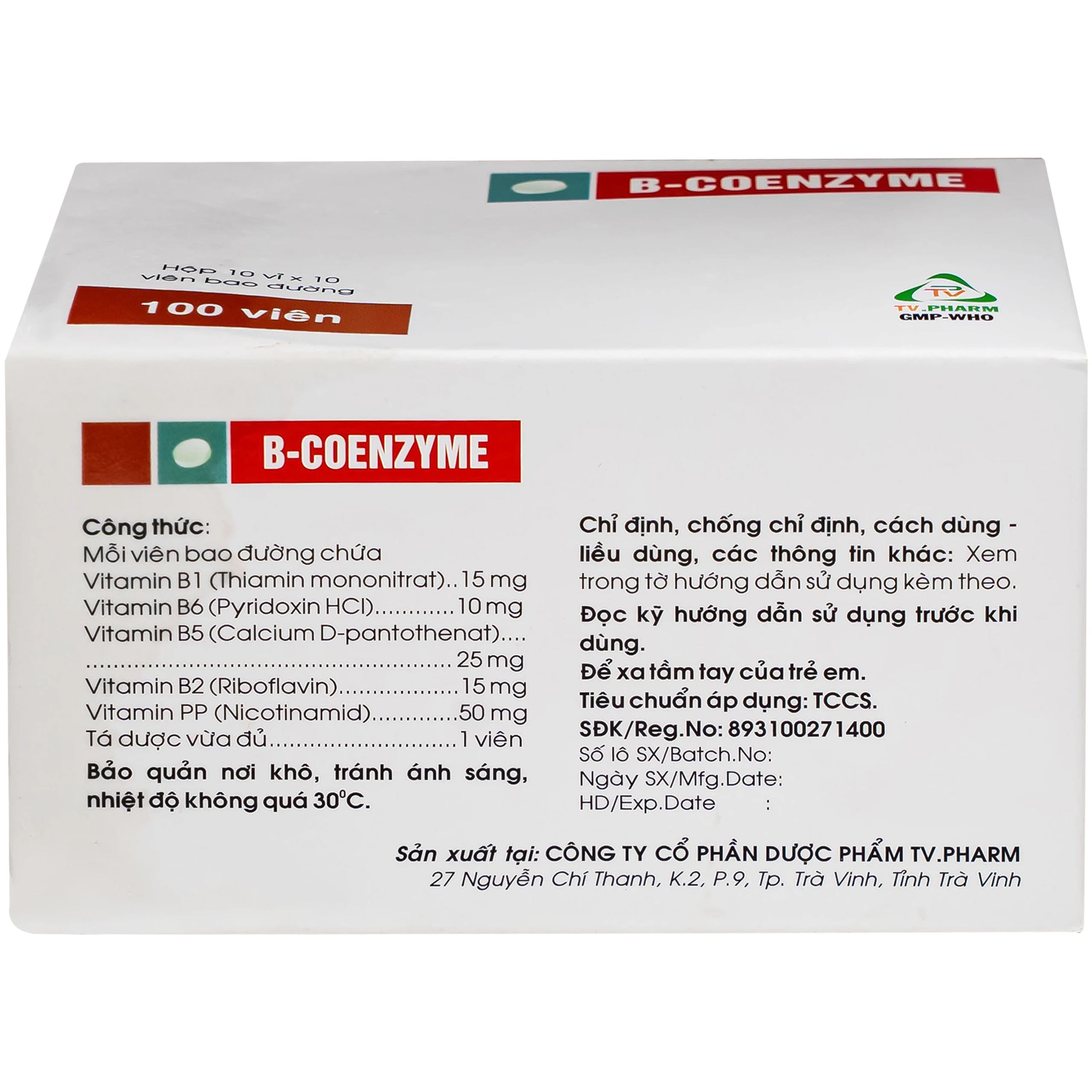 Thuốc B-Coenzyme Tv.Pharm bổ sung vitamin nhóm B, hỗ trợ phòng điều trị các bệnh do thiếu hụt vitamin nhóm B (hộp 100 viên) 4