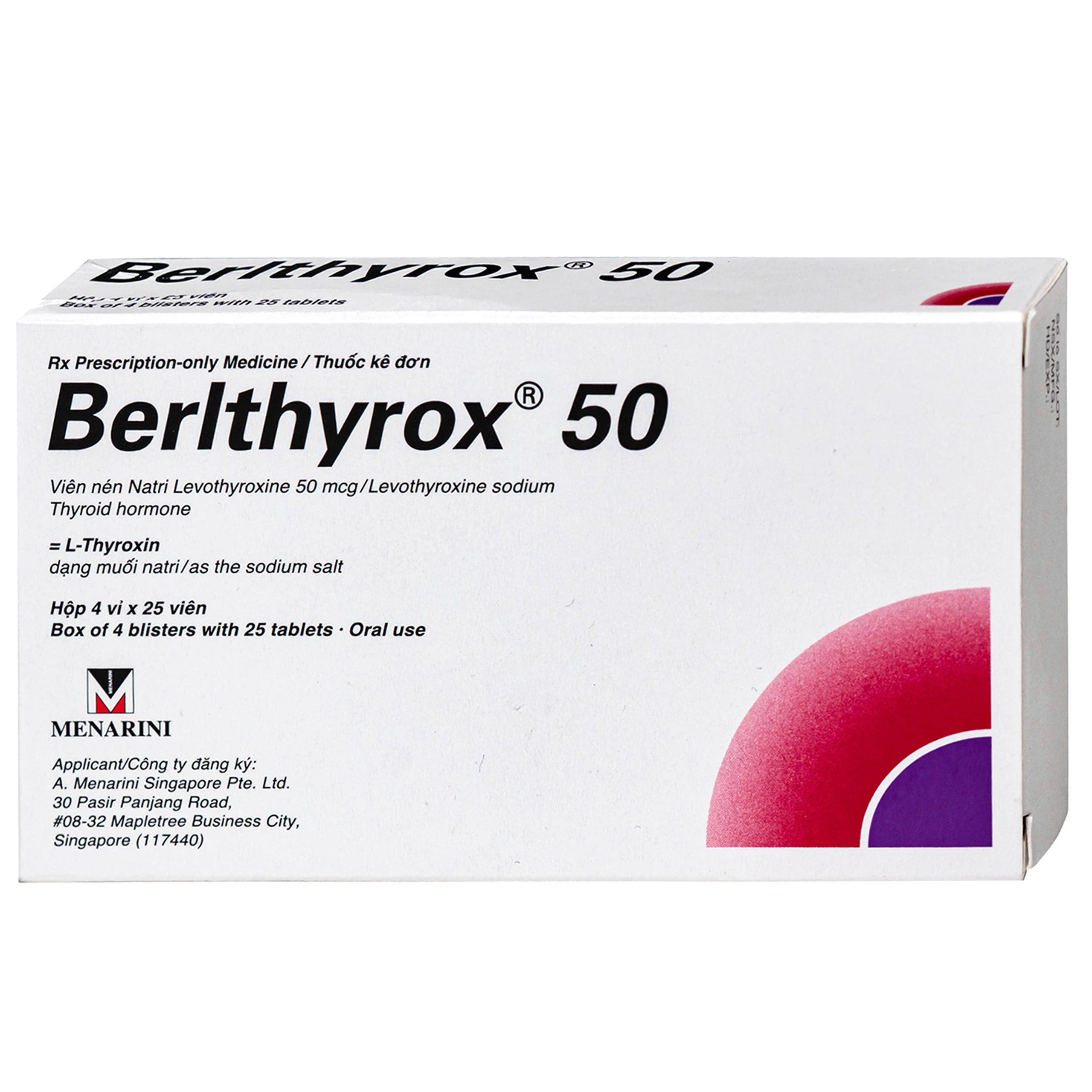 Thuốc Berlthyrox 50mcg menarini điều trị bướu giáp, suy giáp, ung thư giáp (4 vỉ x 25 viên)