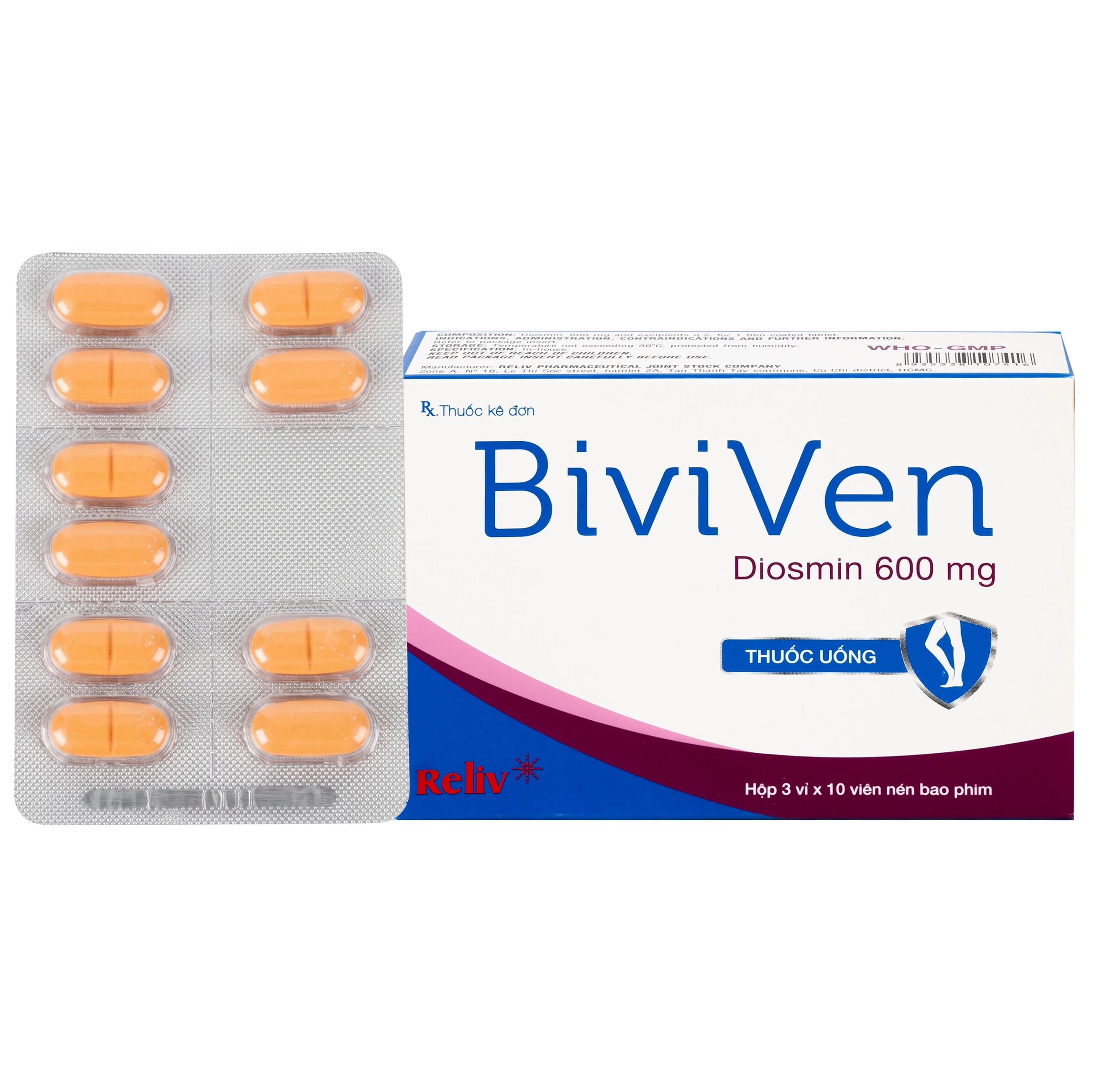 Thuốc BiviVen 600mg Reliv hỗ trợ cải thiện triệu chứng suy tuần hoàn tĩnh mạch bạch huyết (3 vỉ x 10 viên)