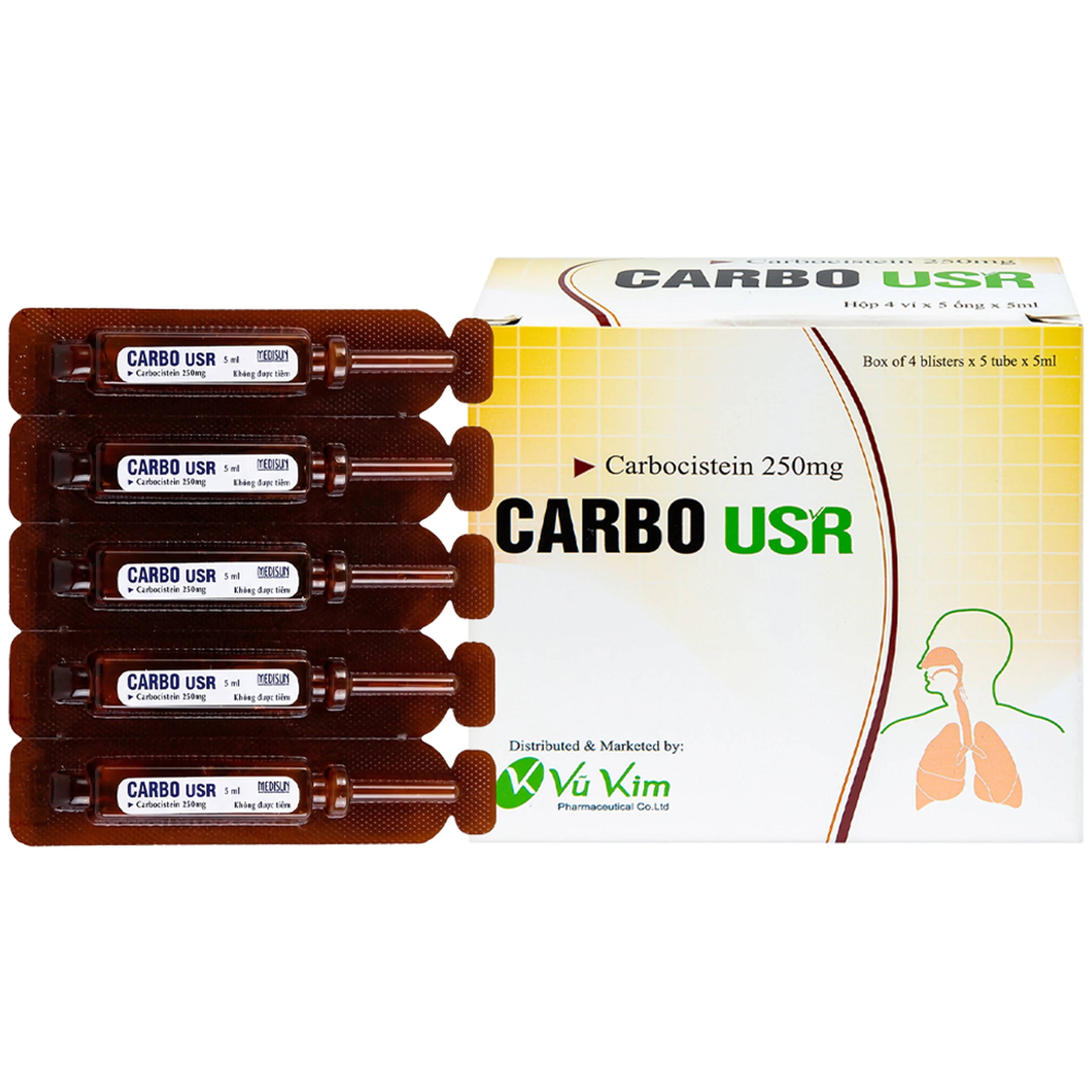 Thuốc Carbo USR 250mg Medisun điều trị rối loạn đường hô hấp (4 vỉ x 5 ống) 1