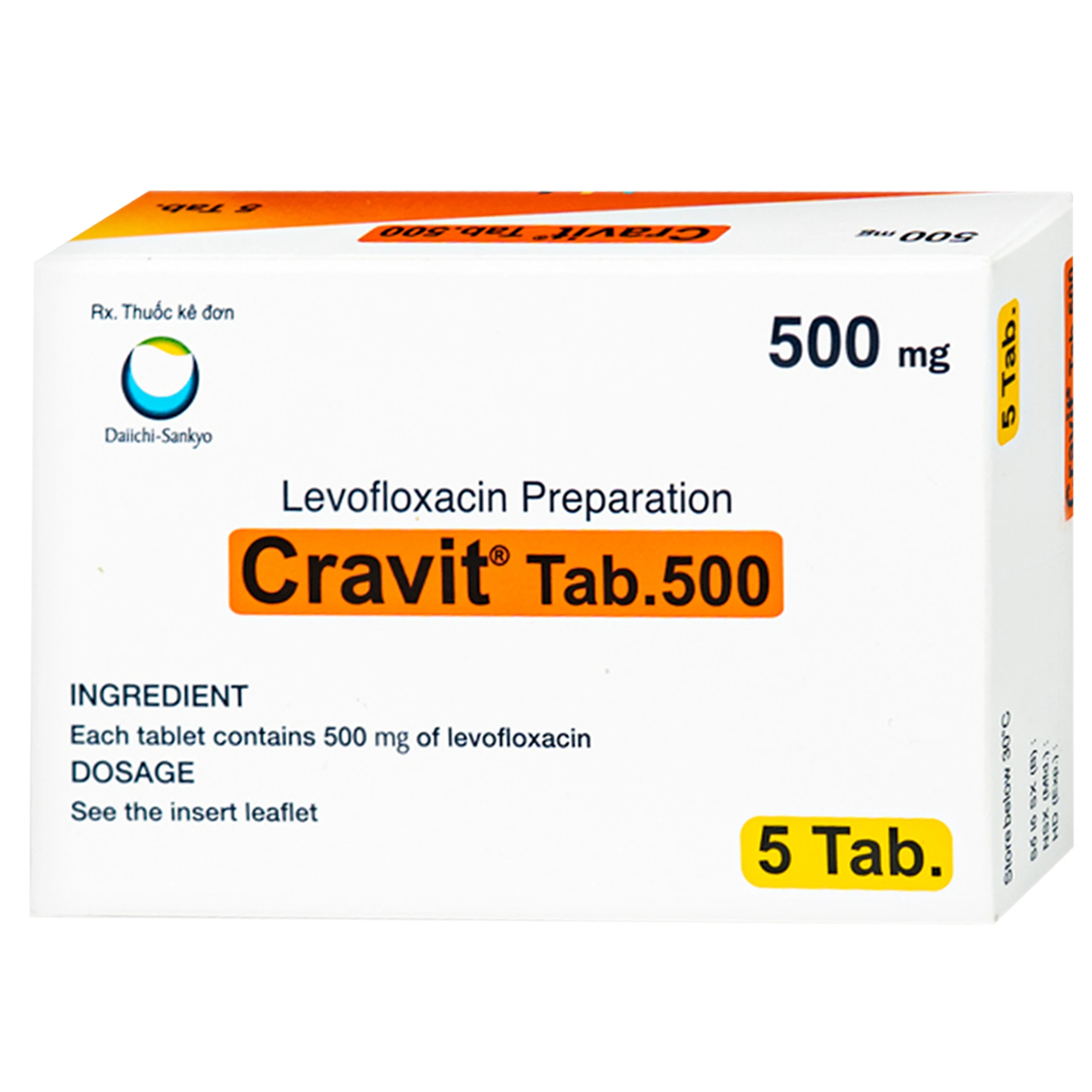 Thuốc Cravit Tab 500mg Daiichi-Sankyo điều trị nhiễm khuẩn nhẹ, trung bình và nghiêm trọng do các chủng nhạy của các vi sinh vật (1 vỉ x 5 viên) 2