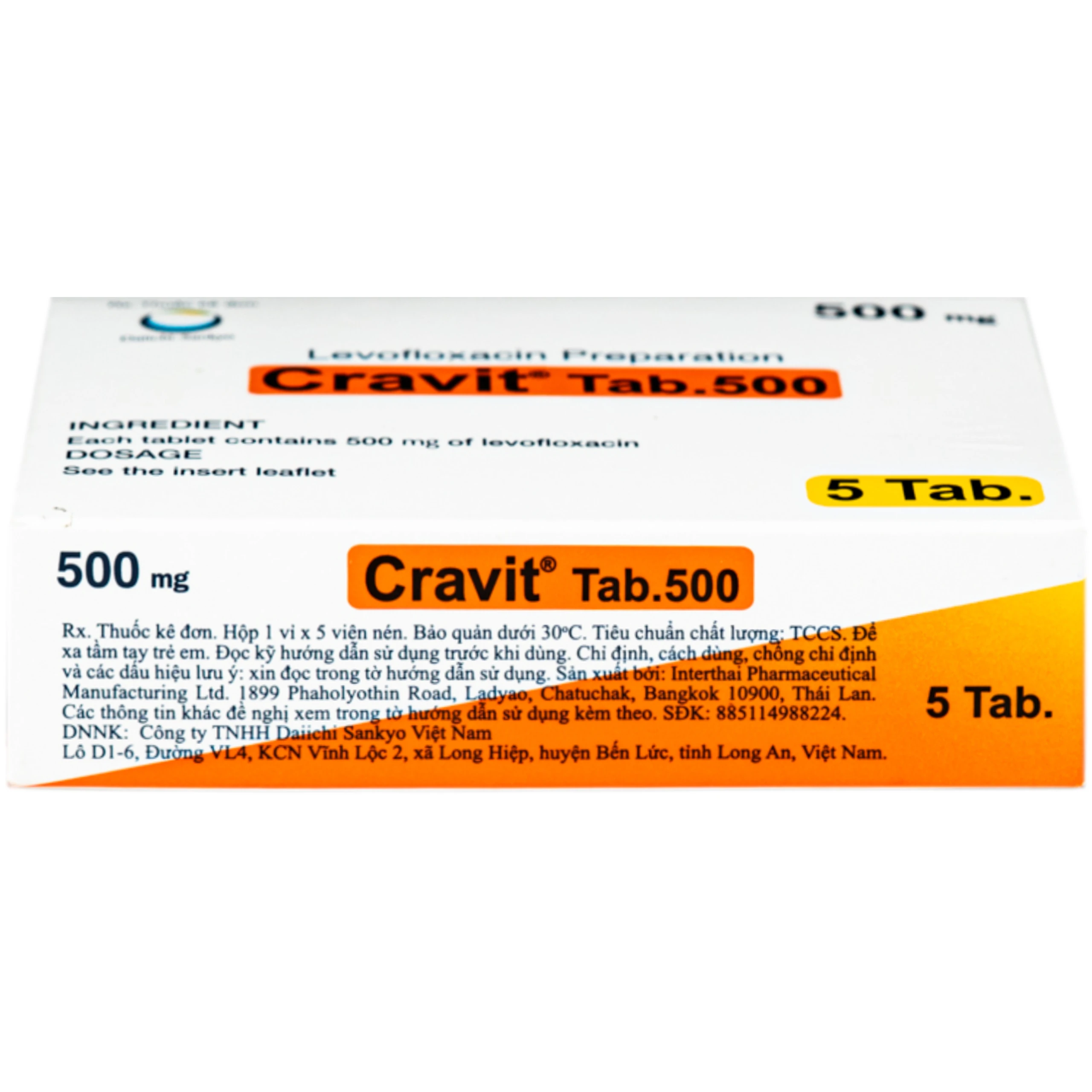 Thuốc Cravit Tab 500mg Daiichi-Sankyo điều trị nhiễm khuẩn nhẹ, trung bình và nghiêm trọng do các chủng nhạy của các vi sinh vật (1 vỉ x 5 viên) 4