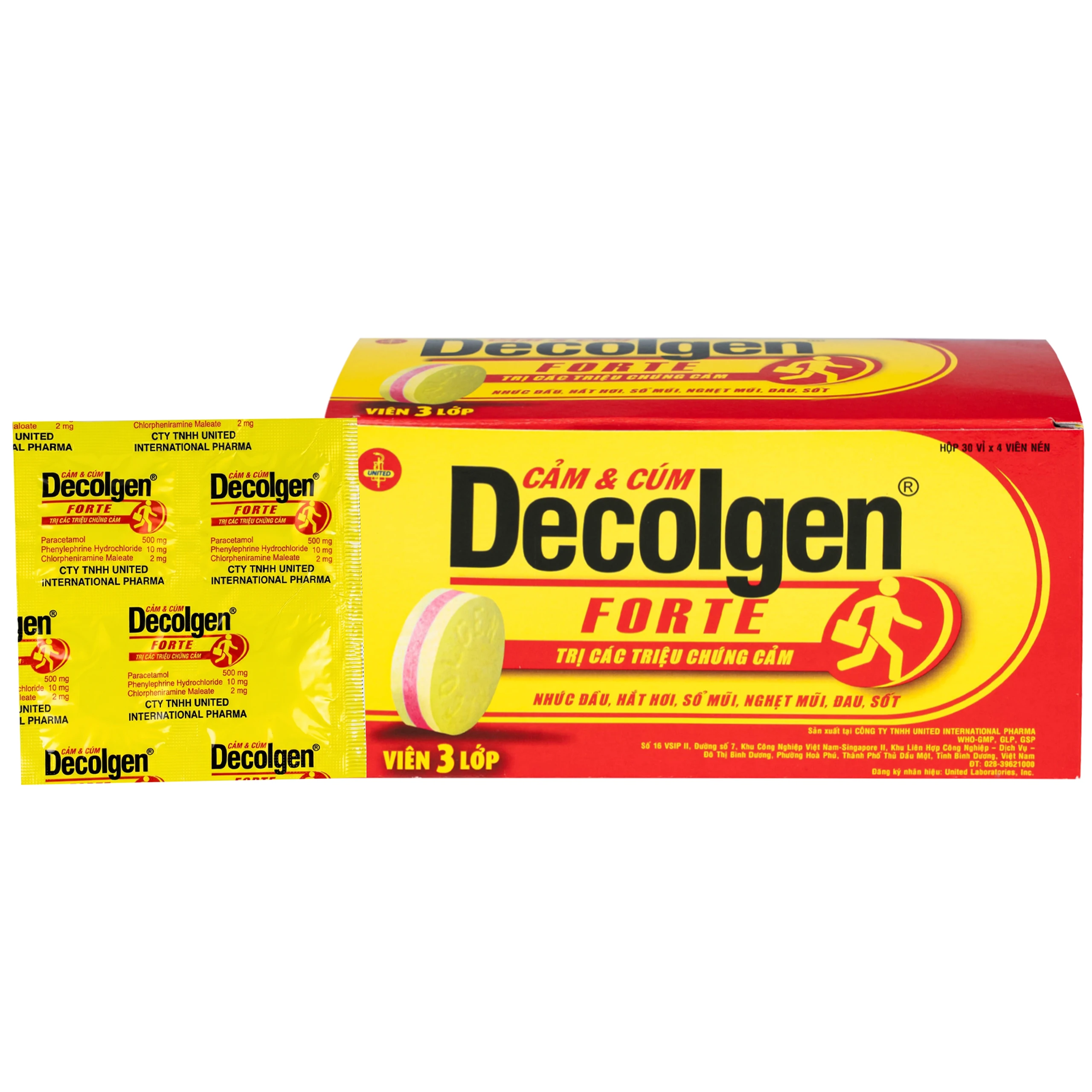 Thuốc Decolgen Forte United giảm các triệu chứng cảm cúm, sốt, đau họng, nghẹt mũi (30 vỉ x 4 viên)