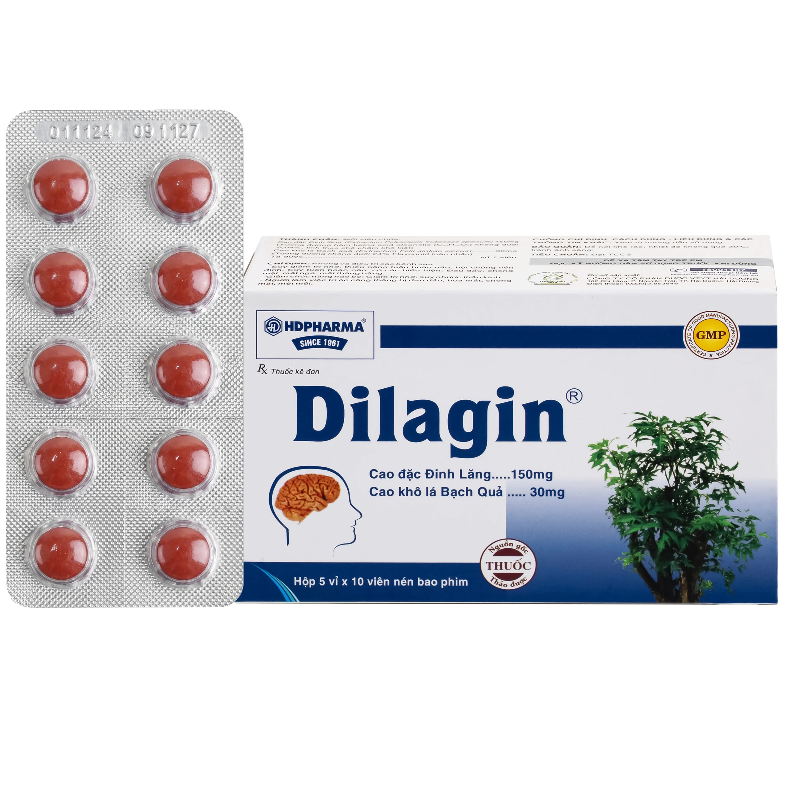 Thuốc Dilagin 150mg Hd Pharma phòng và điều trị suy giảm trí nhớ, thiểu năng tuần hoàn não (5 vỉ x 10 viên)