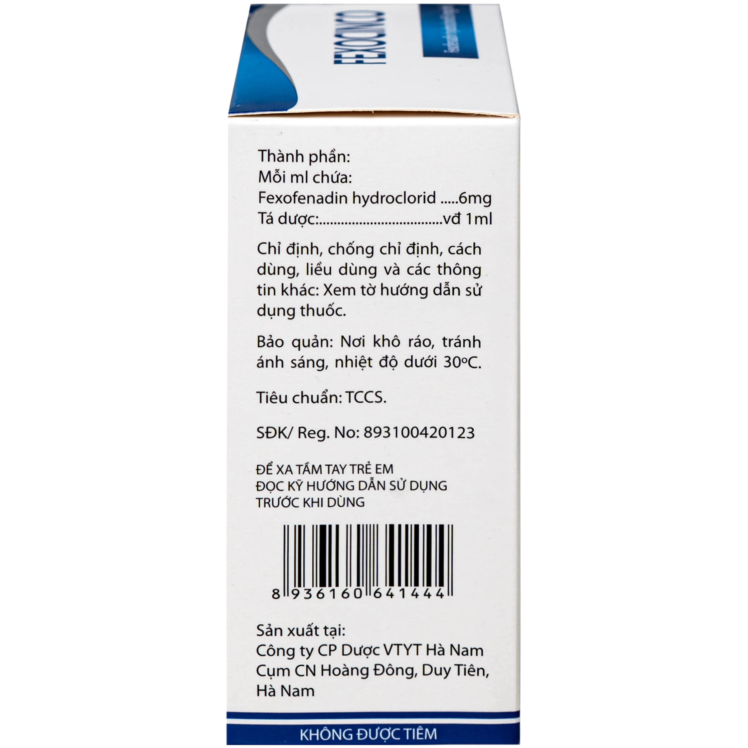 Thuốc Fexocinco 6mg Hà Nam điều trị triệu chứng viêm mũi dị ứng và mày đay mạn tính (20 ống x 10ml)