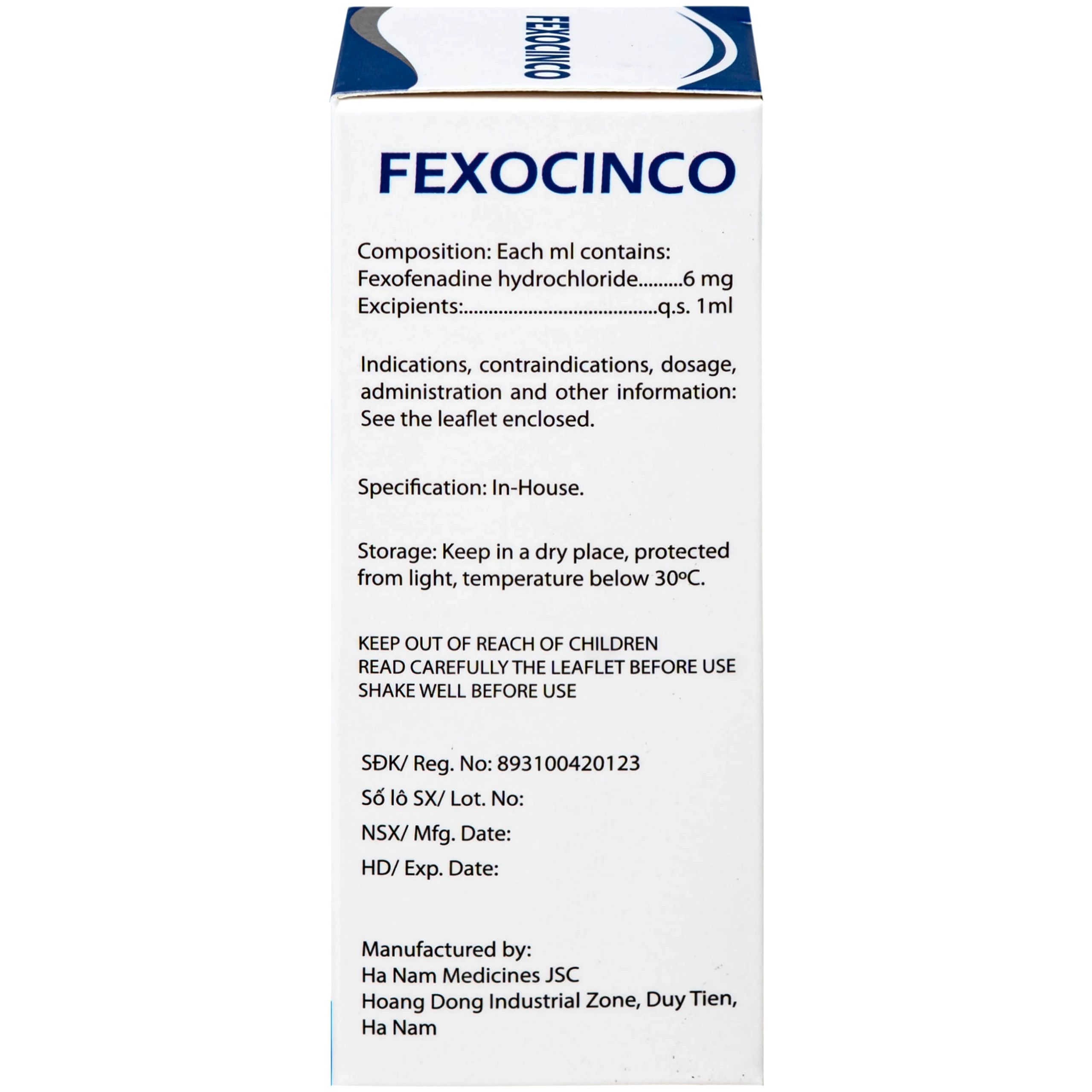 Thuốc Fexocinco 6mg Hà Nam điều trị triệu chứng viêm mũi dị ứng theo mùa và mày đay mạn tính (60ml)