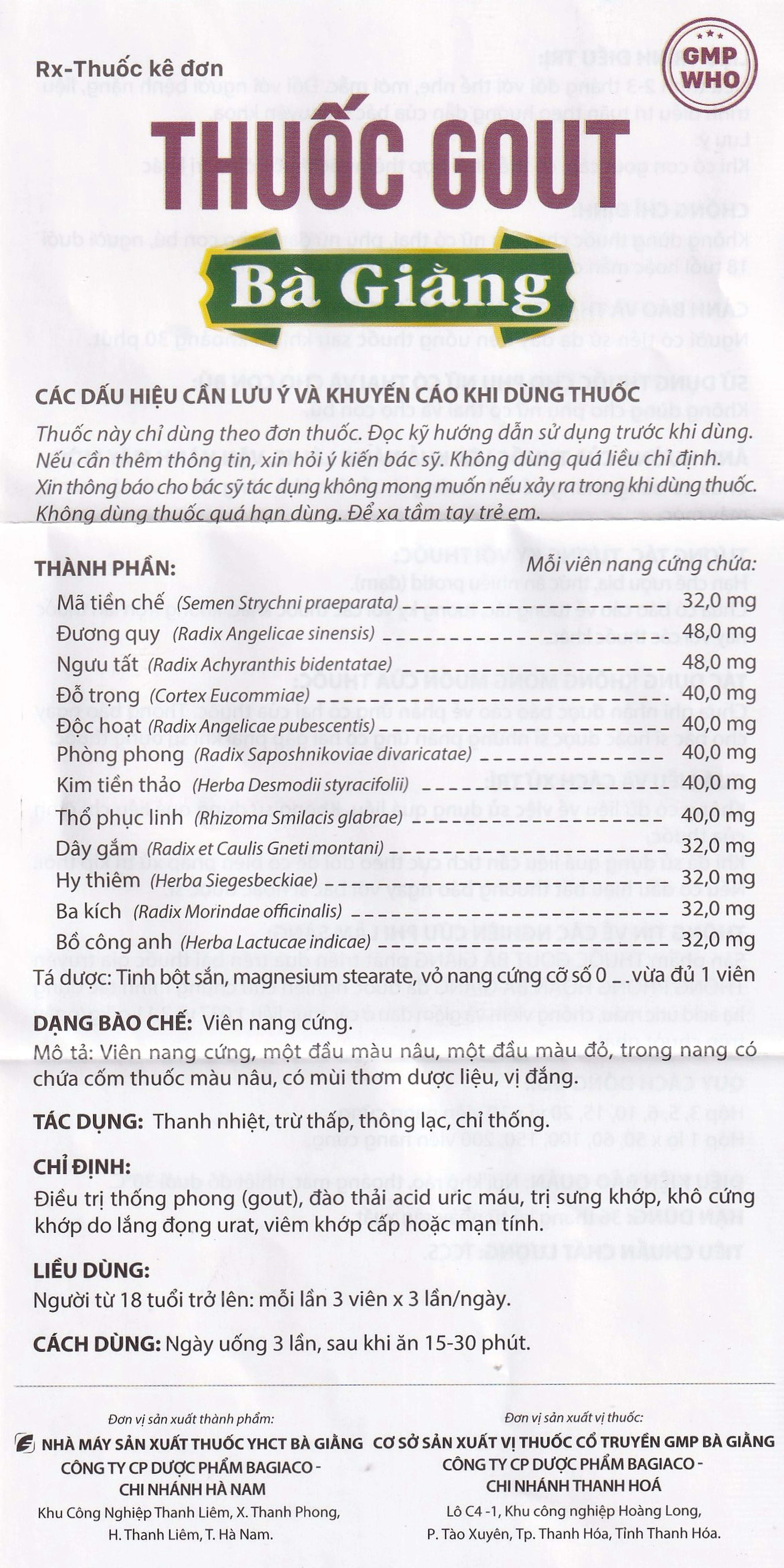 Thuốc Gout Bà Giằng điều trị gout, giảm acid uric, trị khớp do lắng đọng urat, viêm khớp (60 viên)