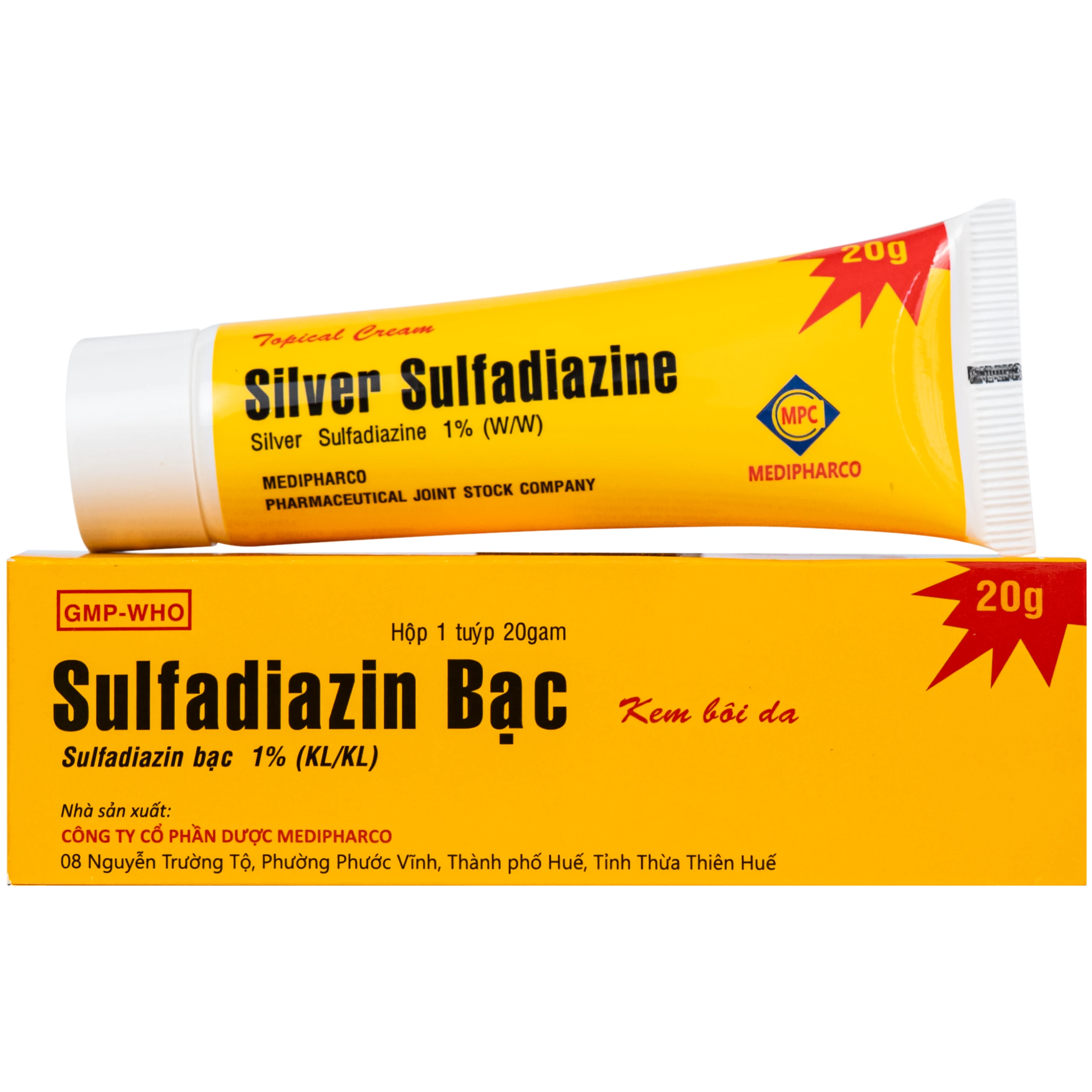 Thuốc Kem Bôi Da Sulfadiazin Bạc 1% Medipharco phòng ngừa và điều trị nhiễm khuẩn trong phỏng độ hai, độ ba (20g) 1