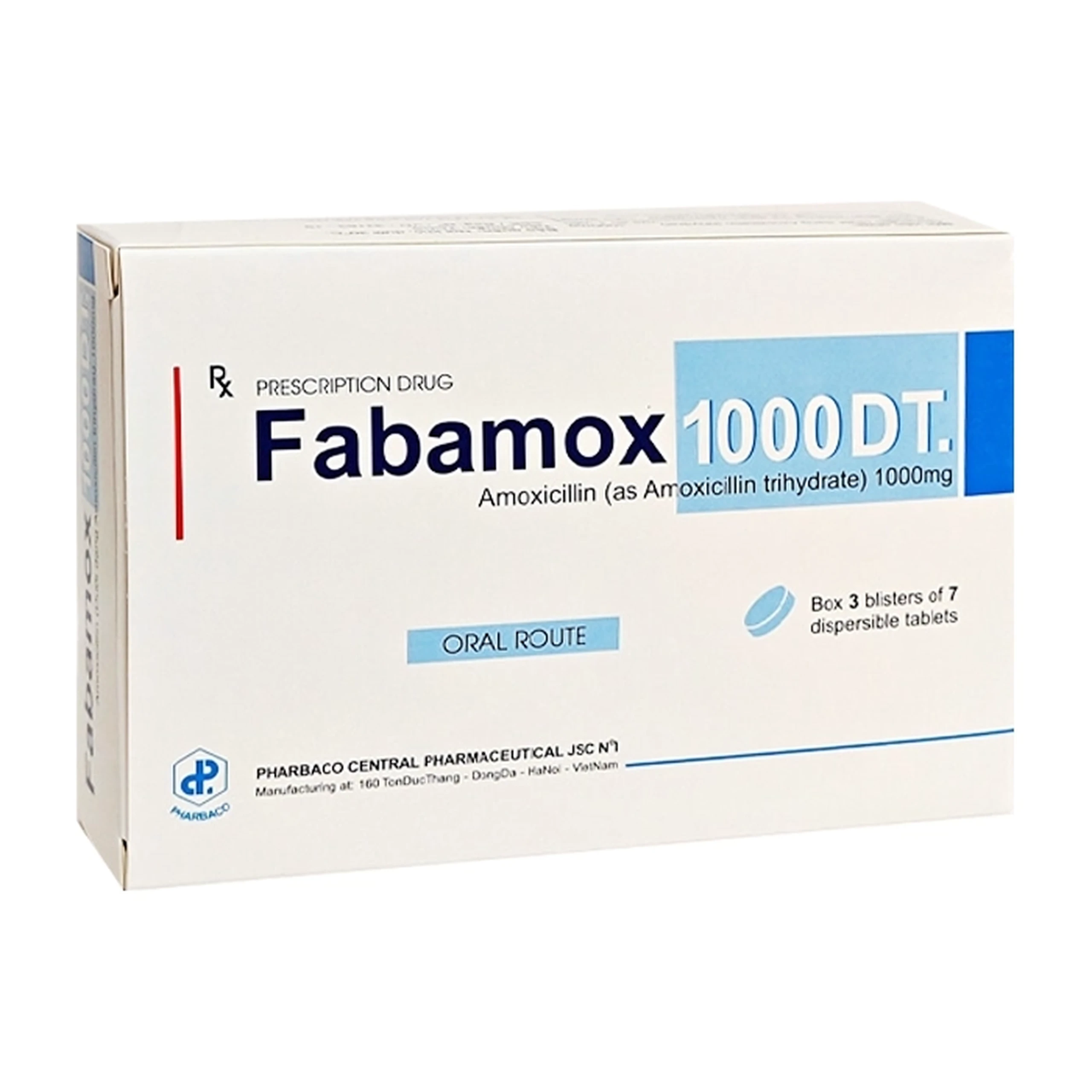 Thuốc Fabamox 1000DT Trung Ương 1 điều trị viêm xoang cấp tính, viêm tai giữa cấp tính (3 vỉ x 7 viên)