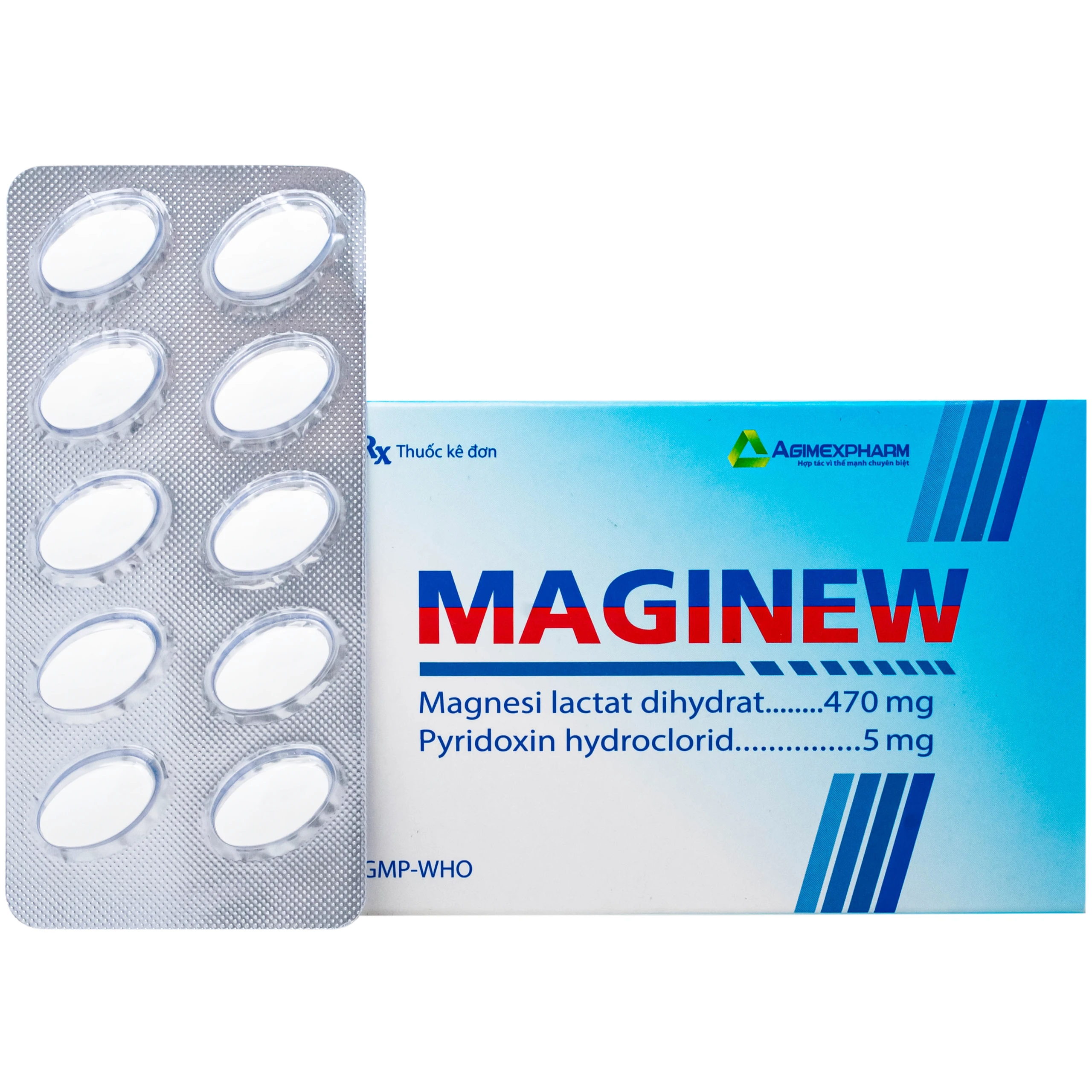 Thuốc Maginew 470mg/5mg Agimexpharm giảm các triệu chứng thiếu hụt magnesi, nôn mửa, khó chịu (10 vỉ x 10 viên)