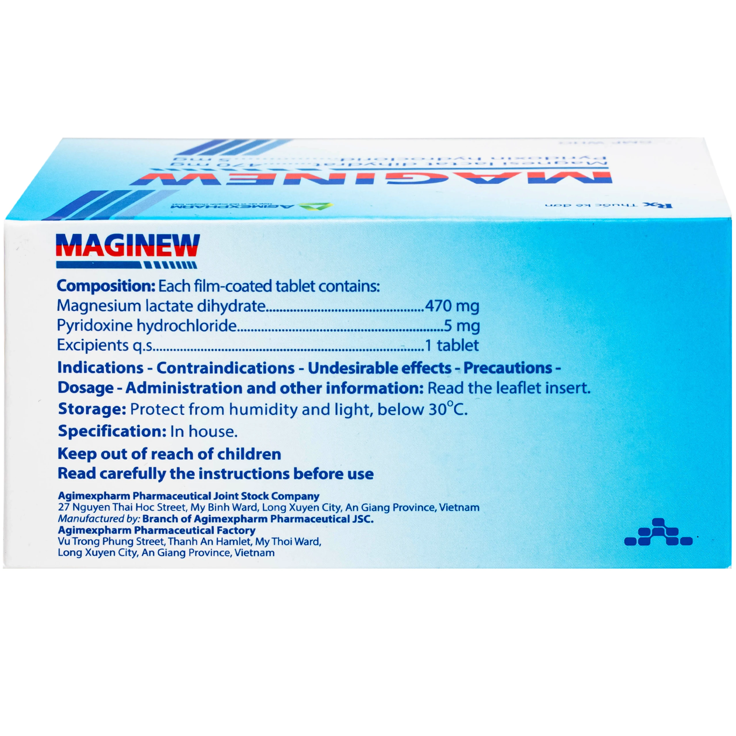 Thuốc Maginew 470mg/5mg Agimexpharm giảm các triệu chứng thiếu hụt magnesi, nôn mửa, khó chịu (10 vỉ x 10 viên)