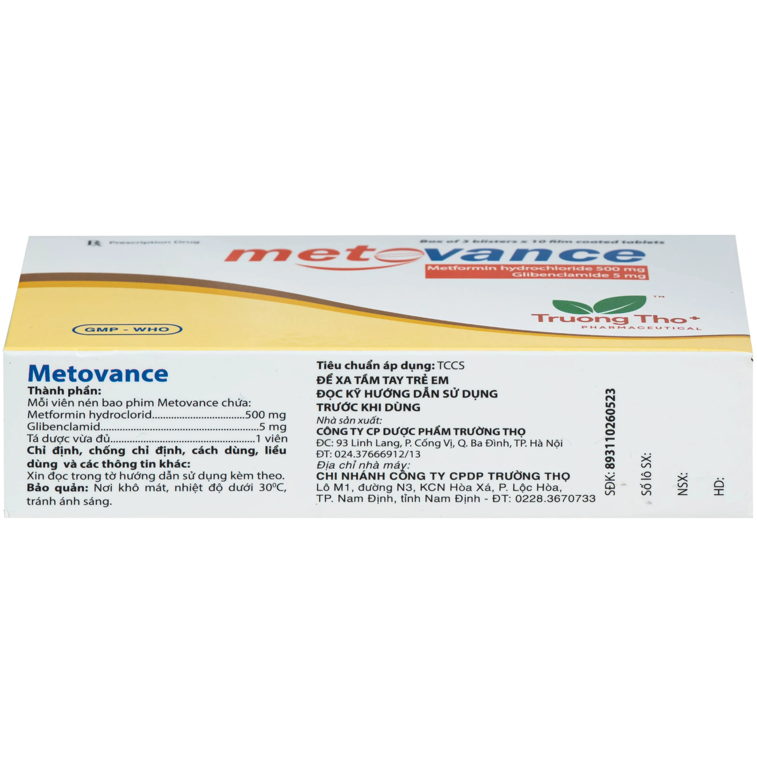 Thuốc metovance Trường Thọ Pharma điều trị bệnh đái tháo đường (3 vỉ x 10 viên) 3