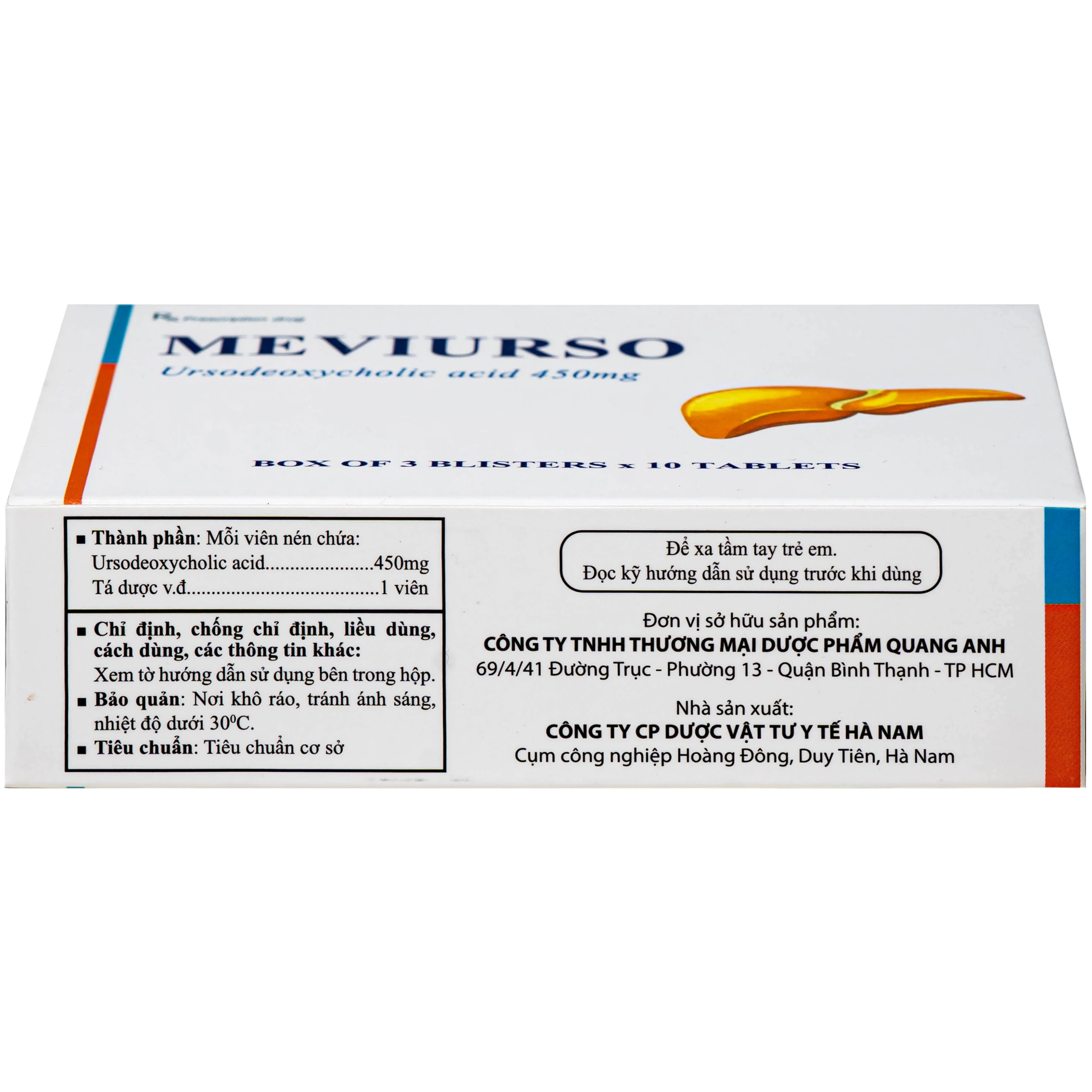Thuốc Meviurso 450mg Hà Nam dùng để hòa tan sỏi cholesterol, viêm đường mật nguyên phát (3 vỉ x 10 viên) 3